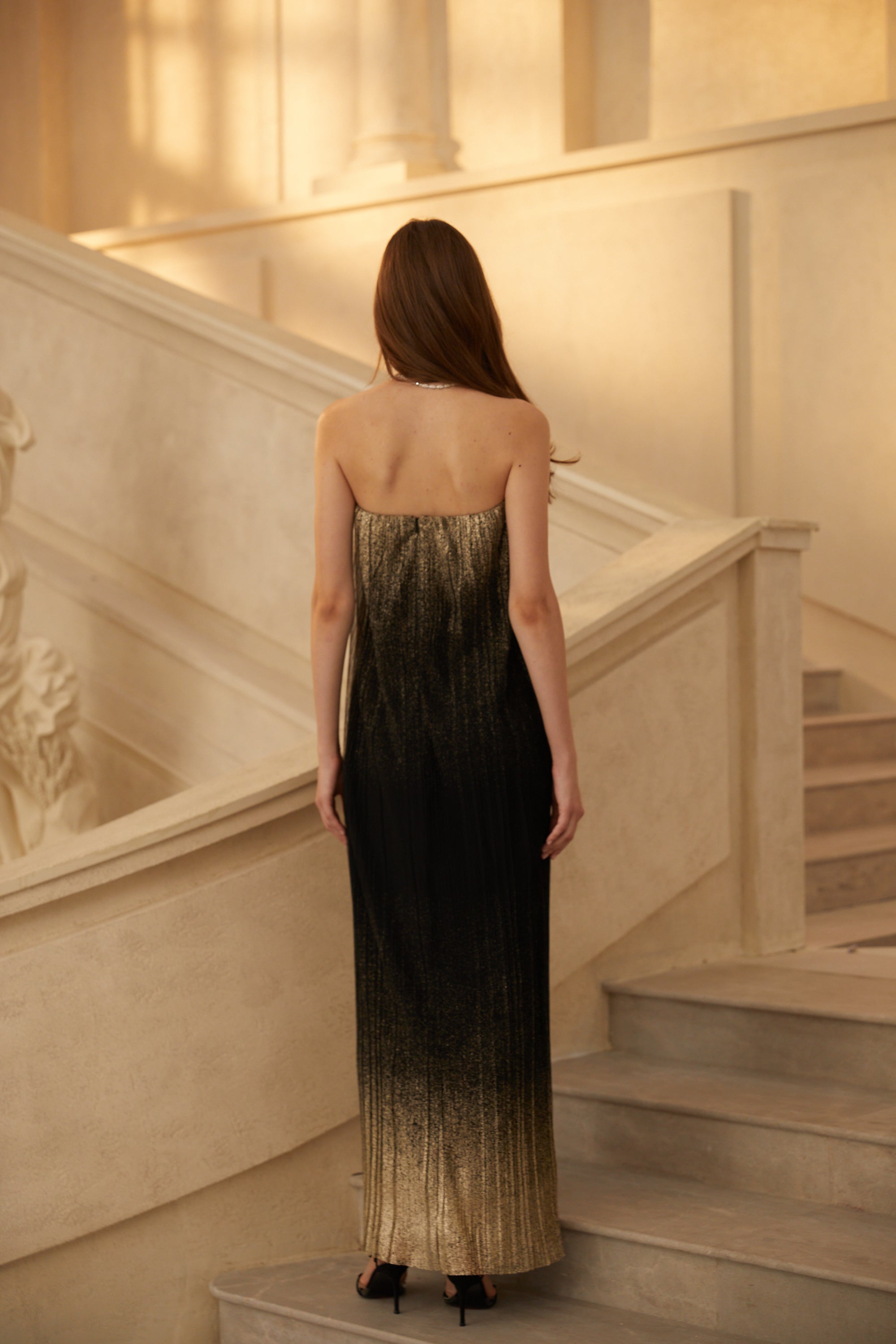 Ysaline Black Glittered Pleated Tulle Maxi Dress