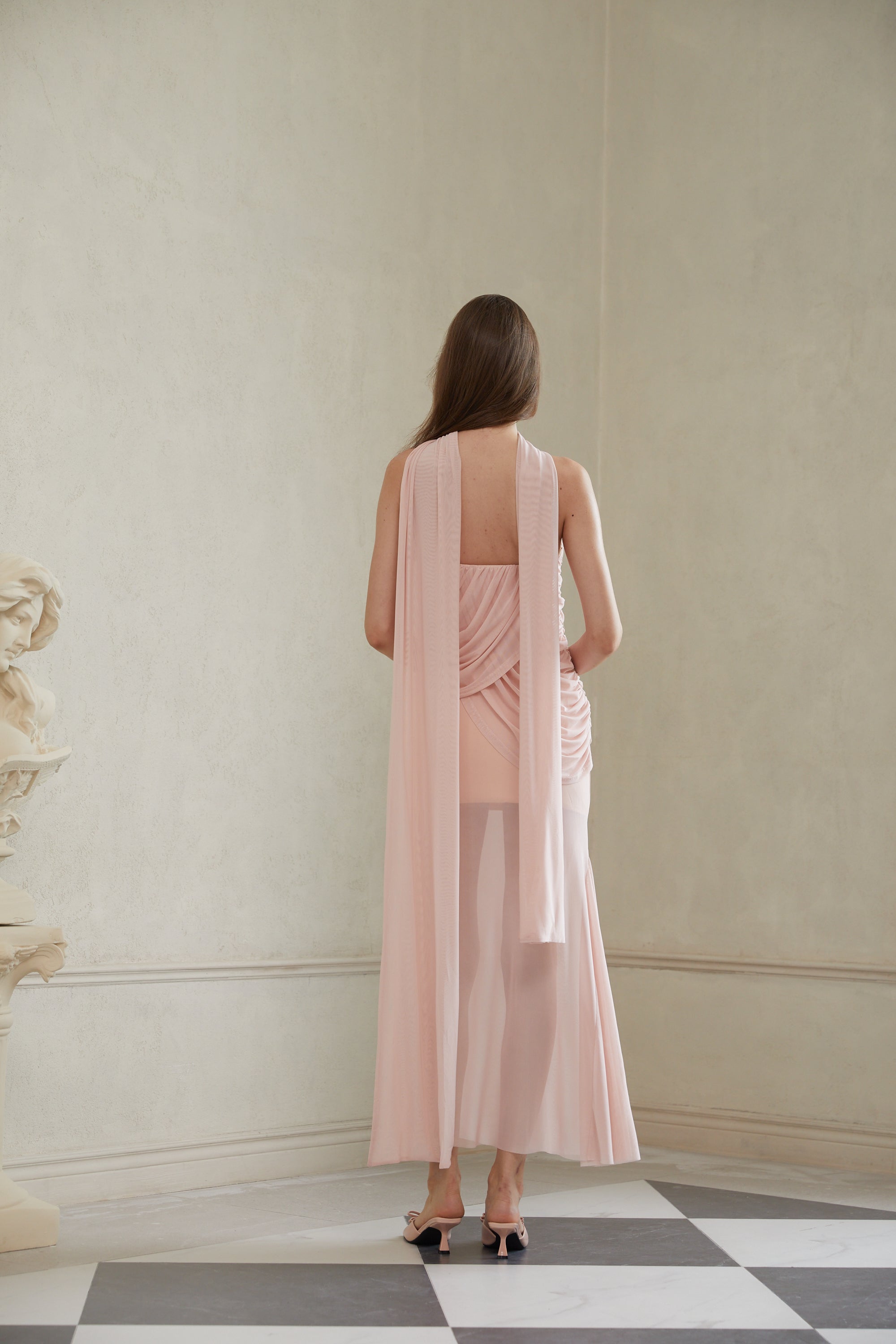 Gaia Pink Ruched Mesh Maxi Dress