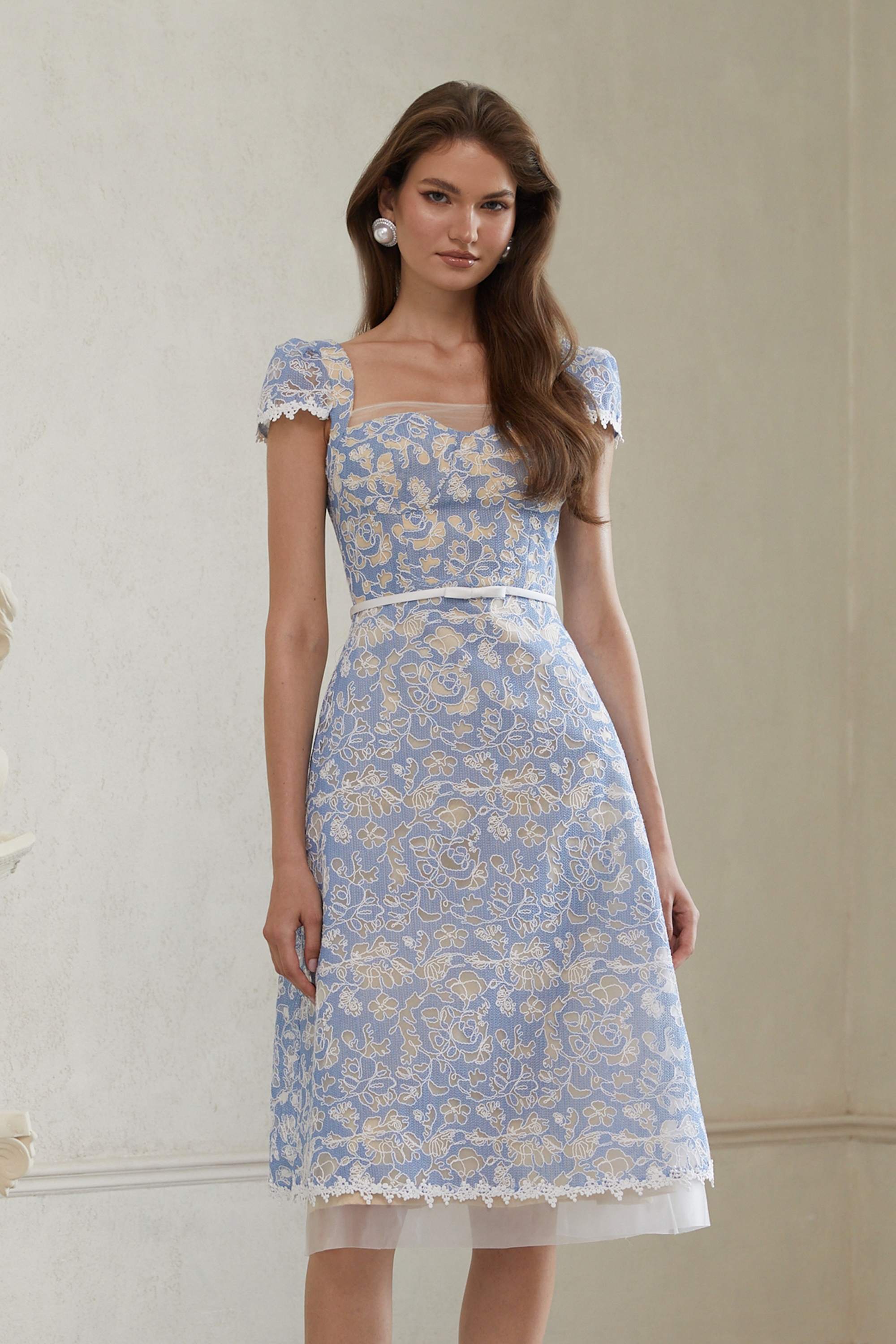 Gaëlle Blue Floral Embroidered Midi Dress