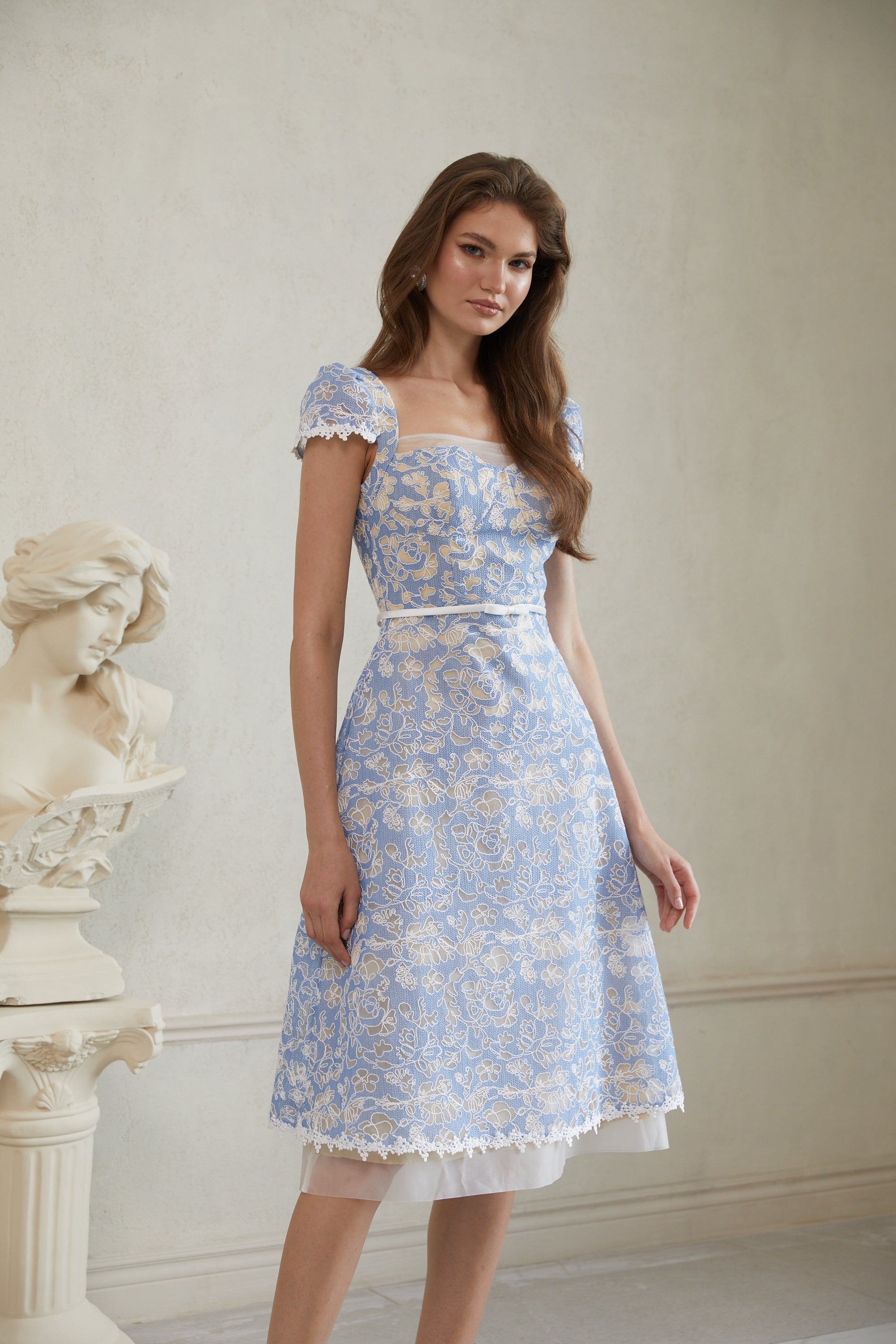 Gaëlle Blue Floral Embroidered Midi Dress (Final Sale-US Only)