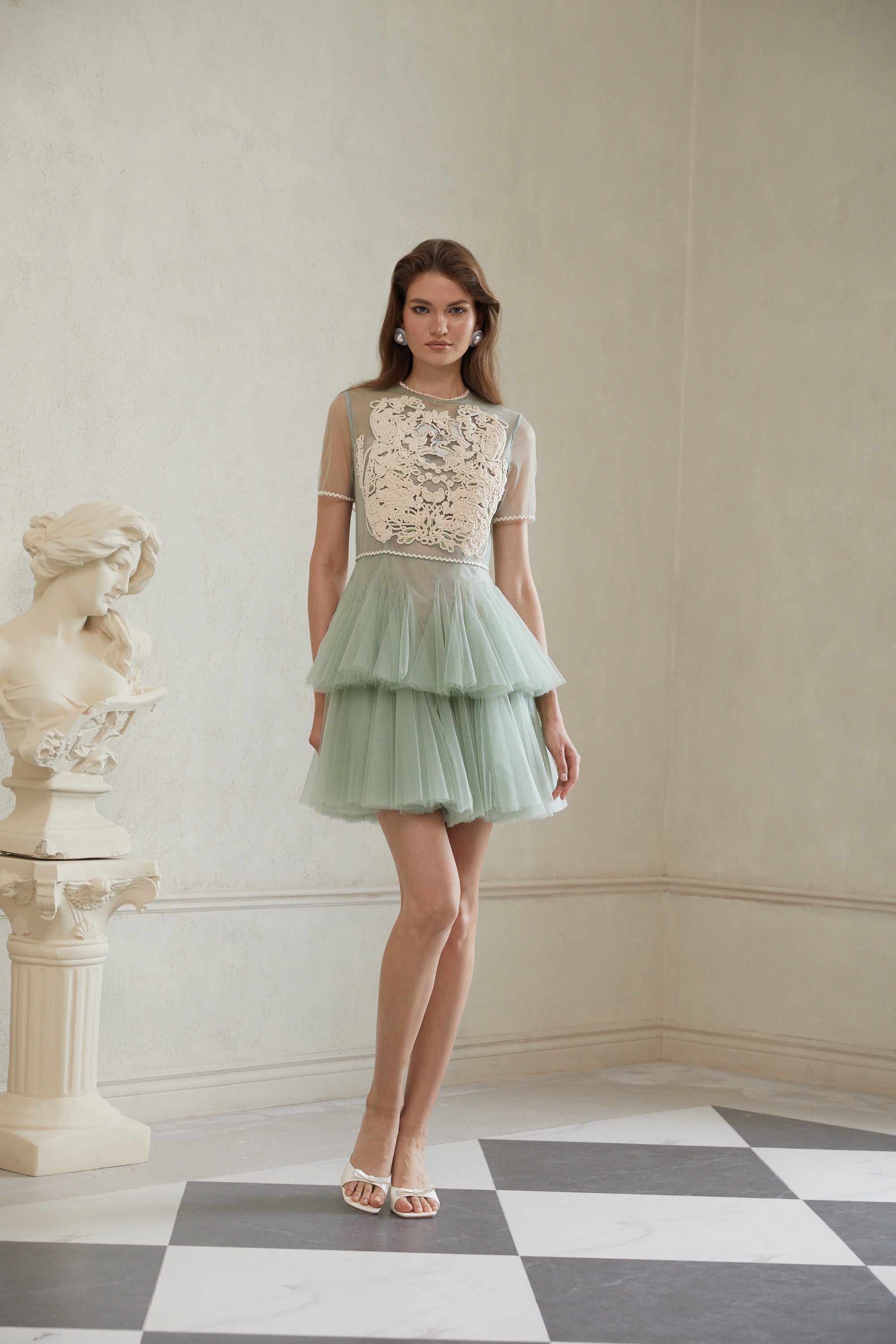 Aikaterini Green Floral Braided Tulle Mini Dress