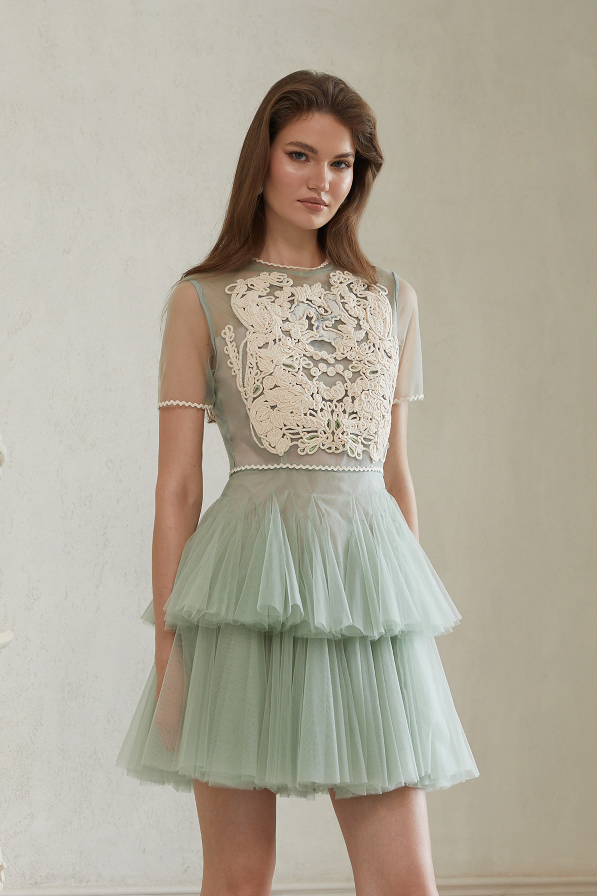 Aikaterini Green Floral Braided Tulle Mini Dress