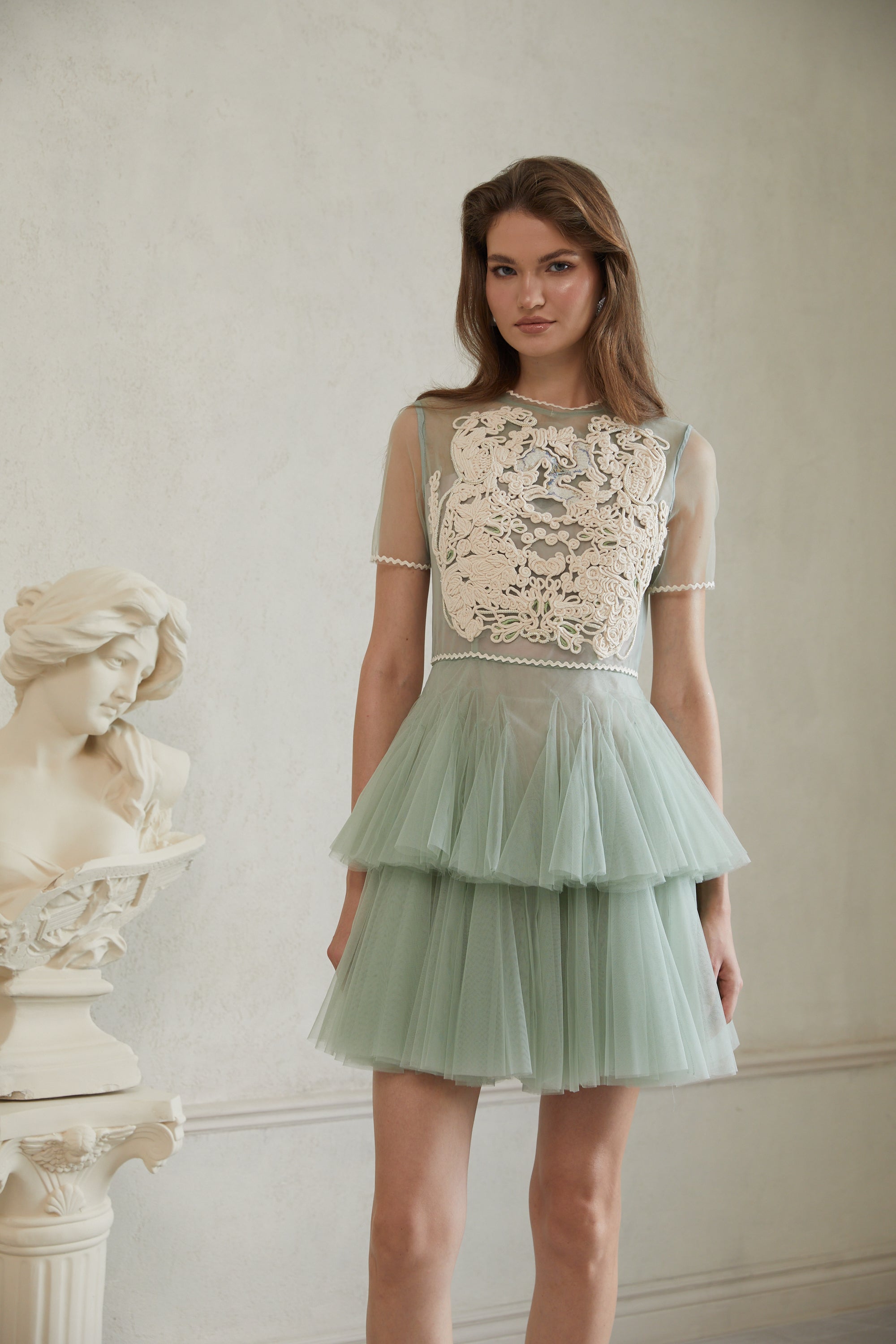 Aikaterini Green Floral Braided Tulle Mini Dress