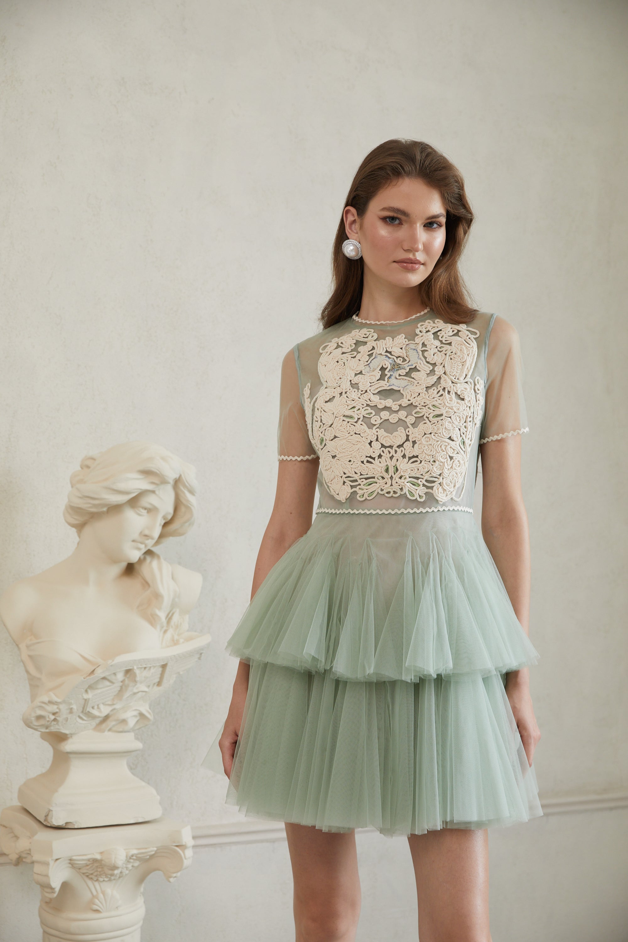 Aikaterini Green Floral Braided Tulle Mini Dress