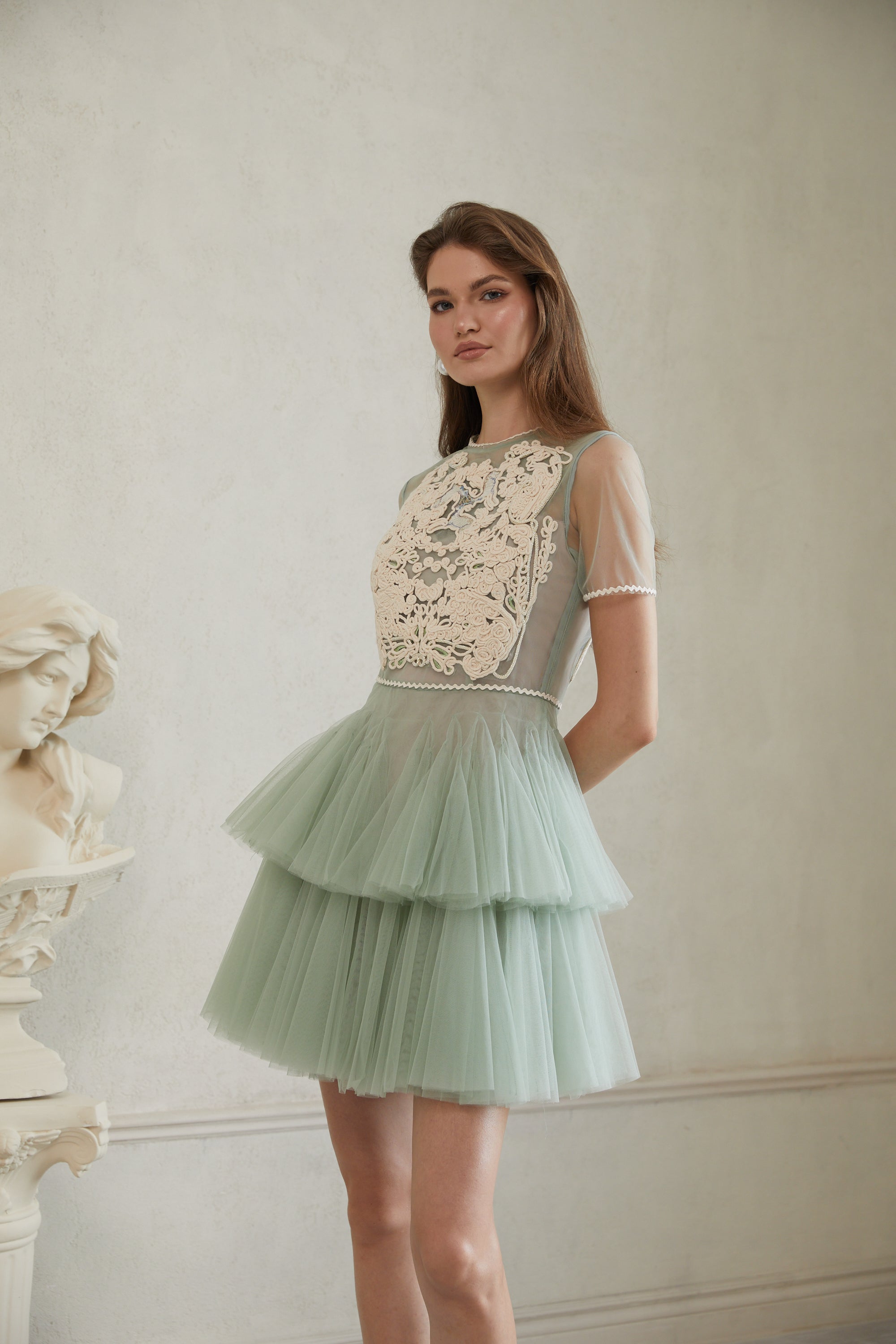 Aikaterini Green Floral Braided Tulle Mini Dress