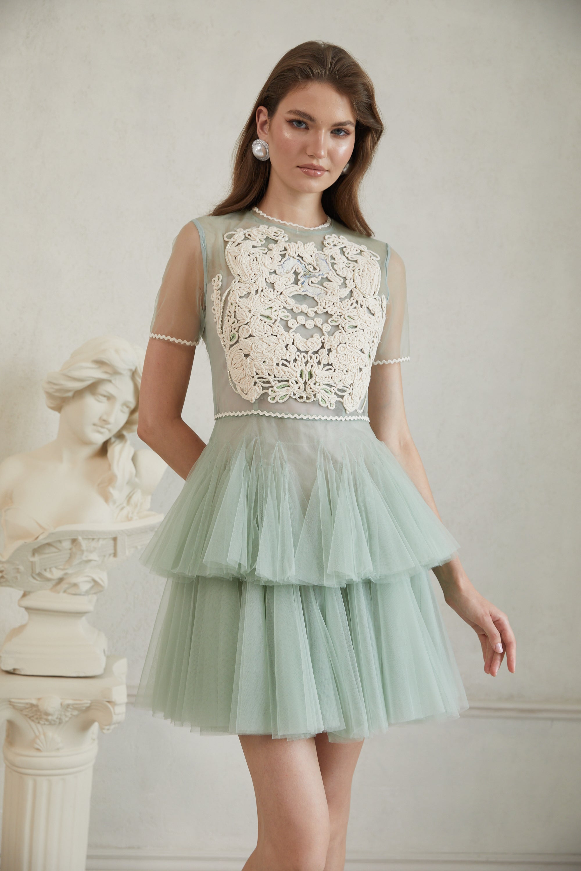 Aikaterini Green Floral Braided Tulle Mini Dress