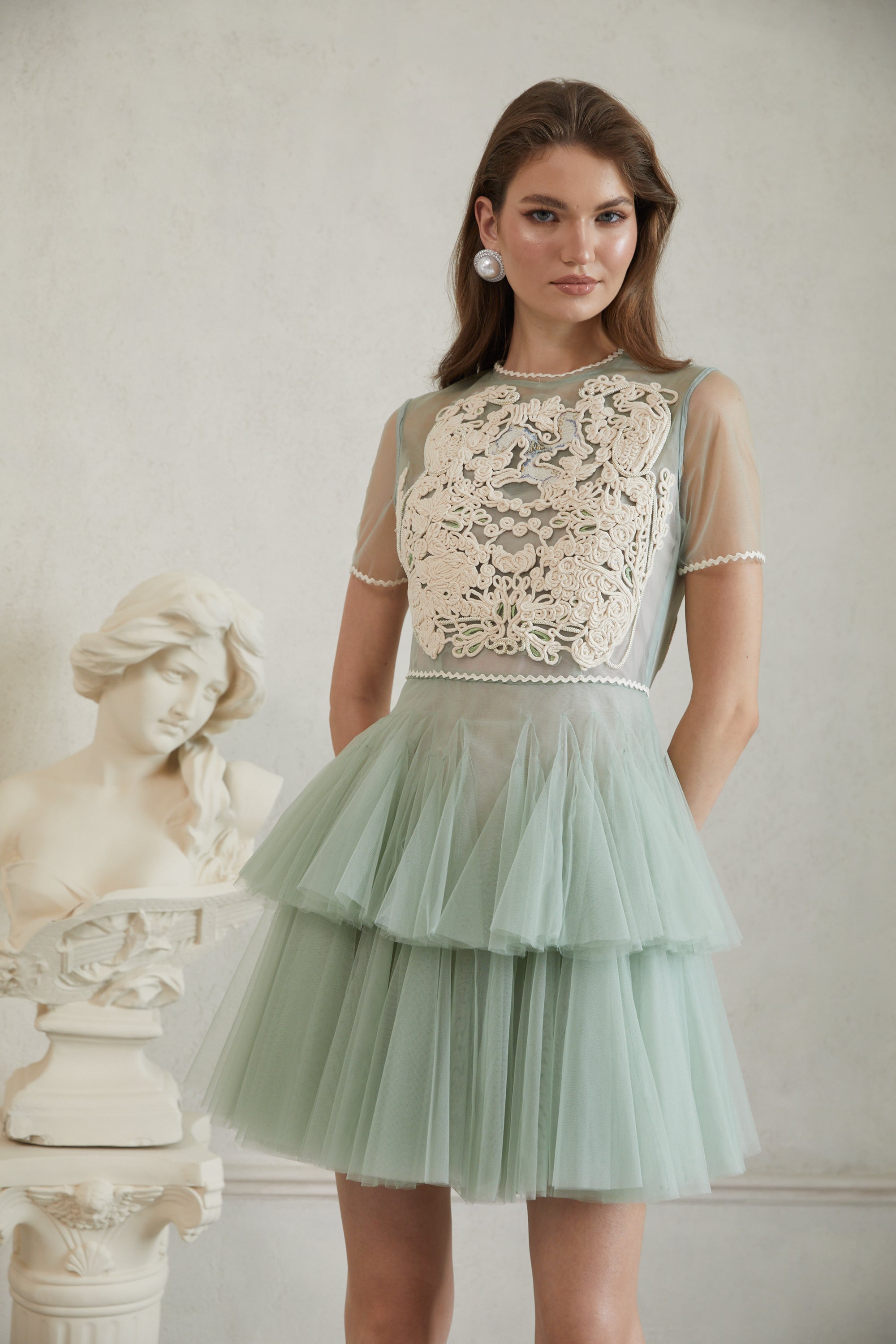 Aikaterini Green Floral Braided Tulle Mini Dress