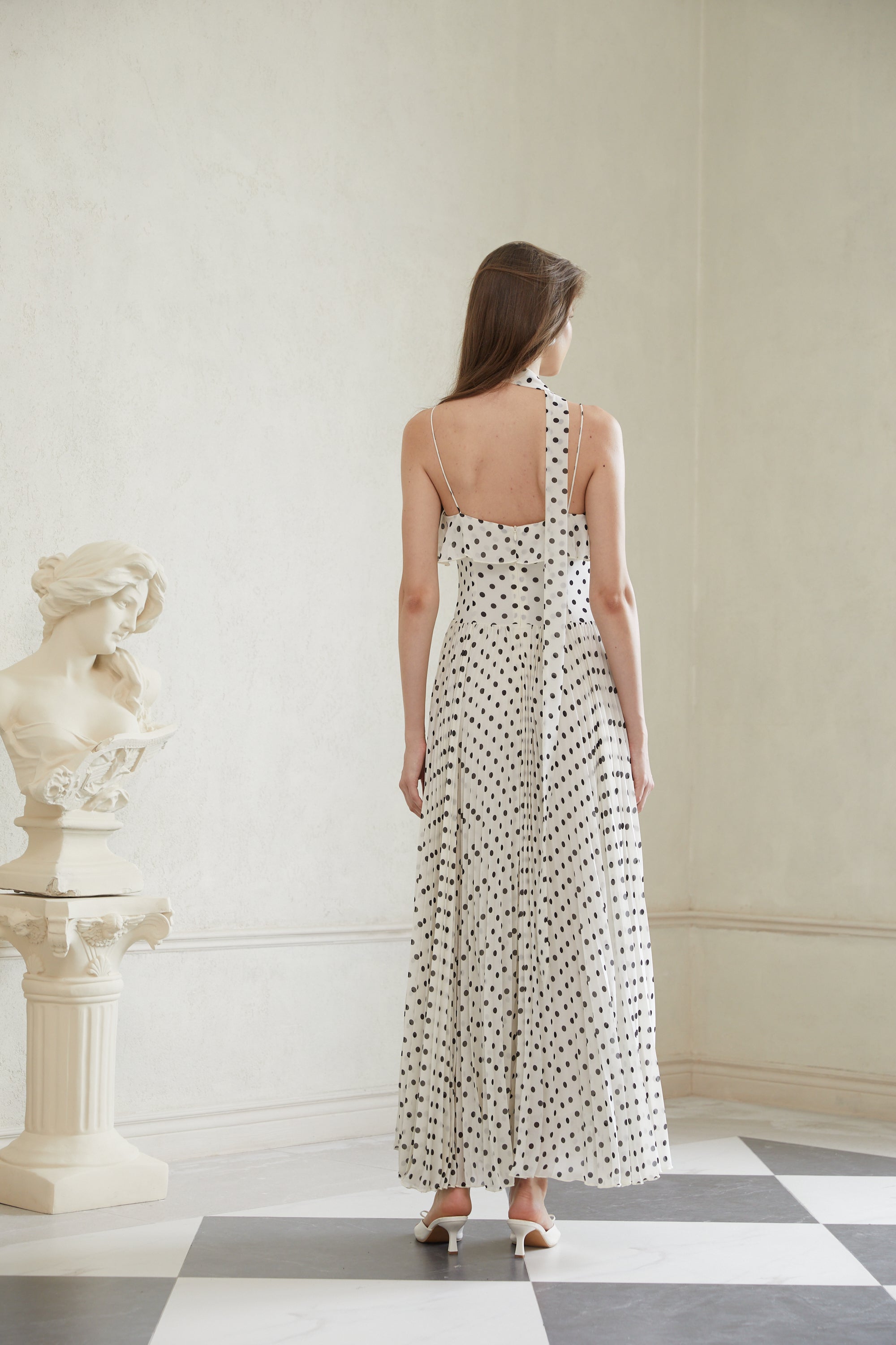 Persephone White Polka Dot Pleated Maxi Dress