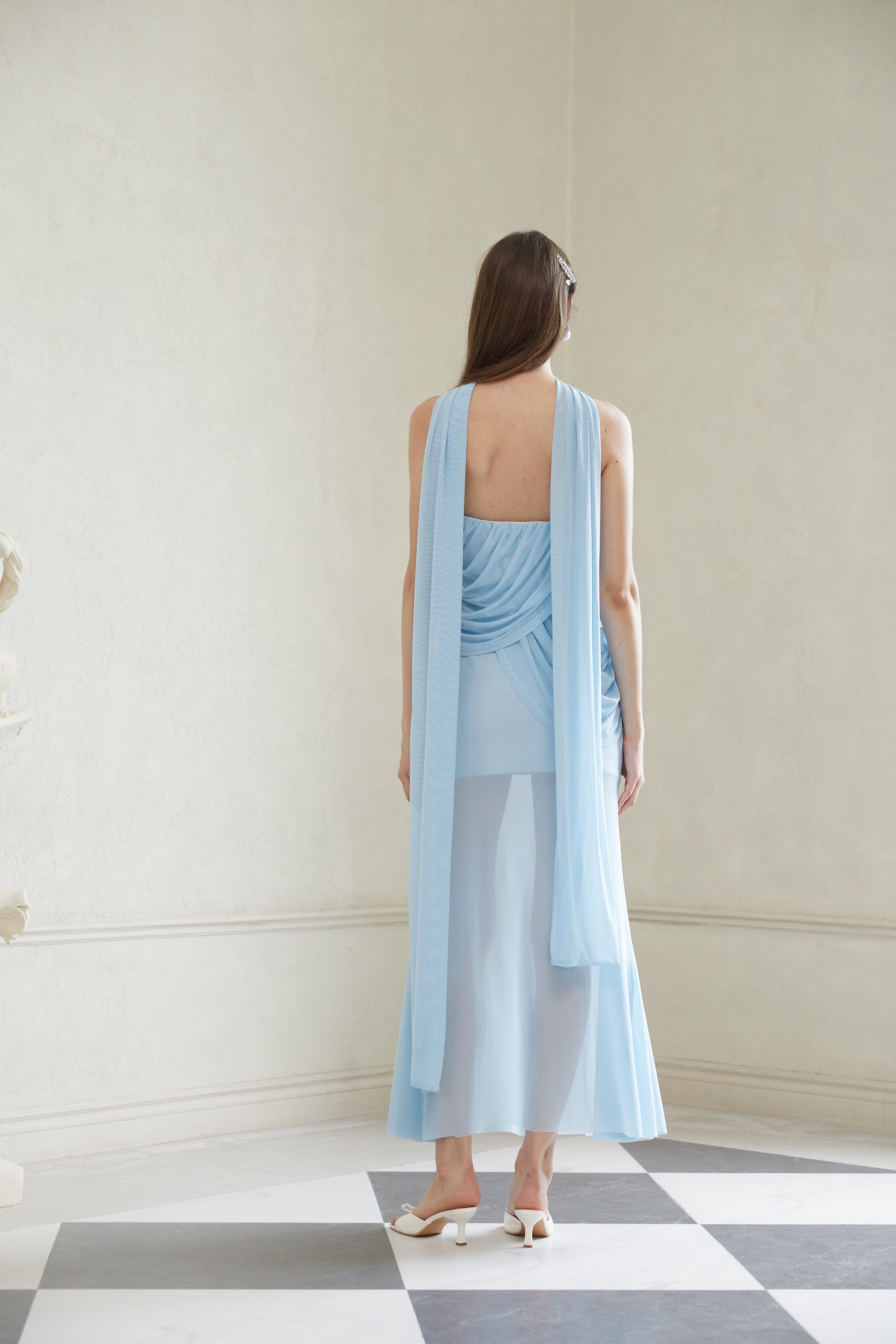 Gaia Blue Ruched Mesh Maxi Dress