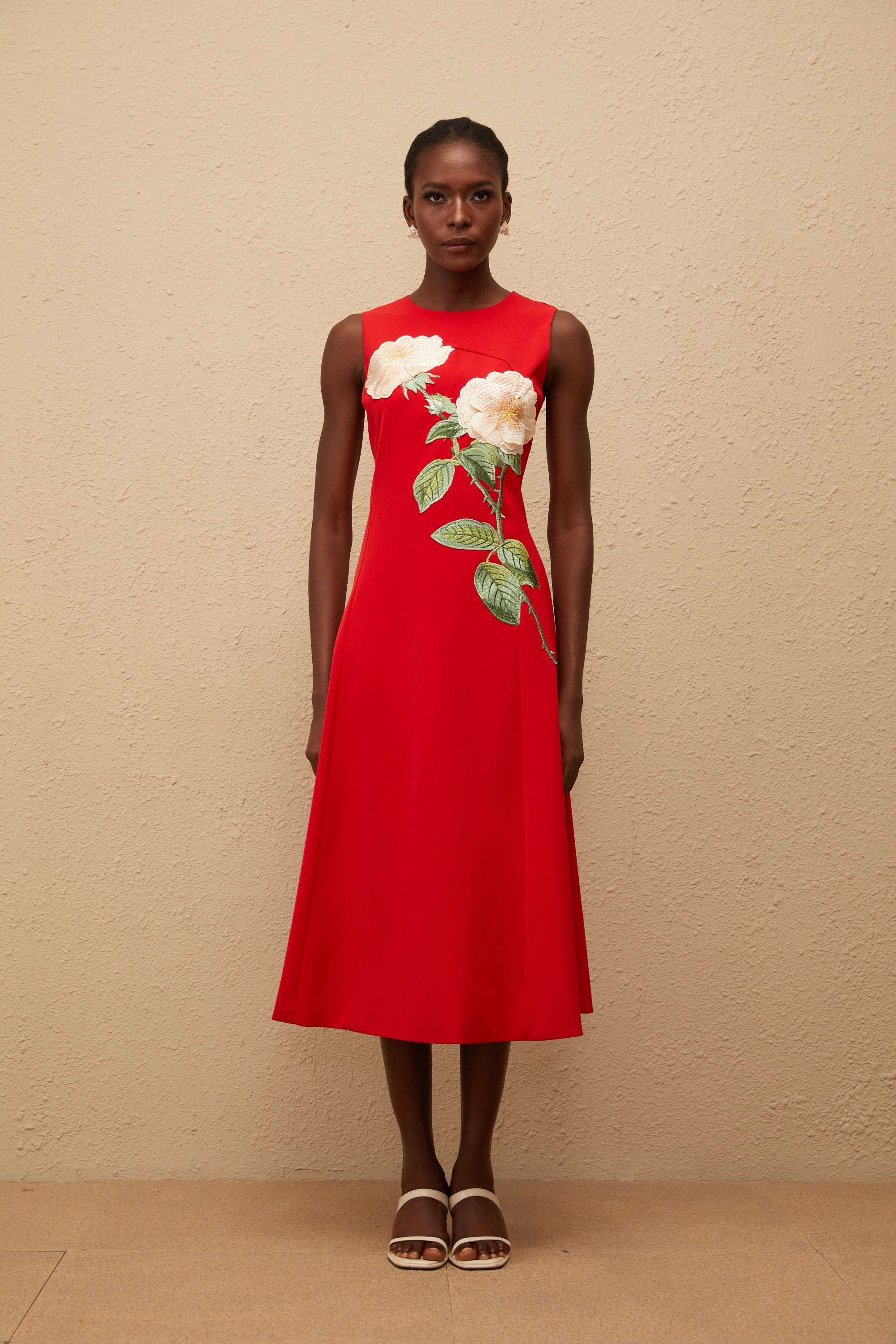Mackenzie Red Floral Embroidered Midi Dress