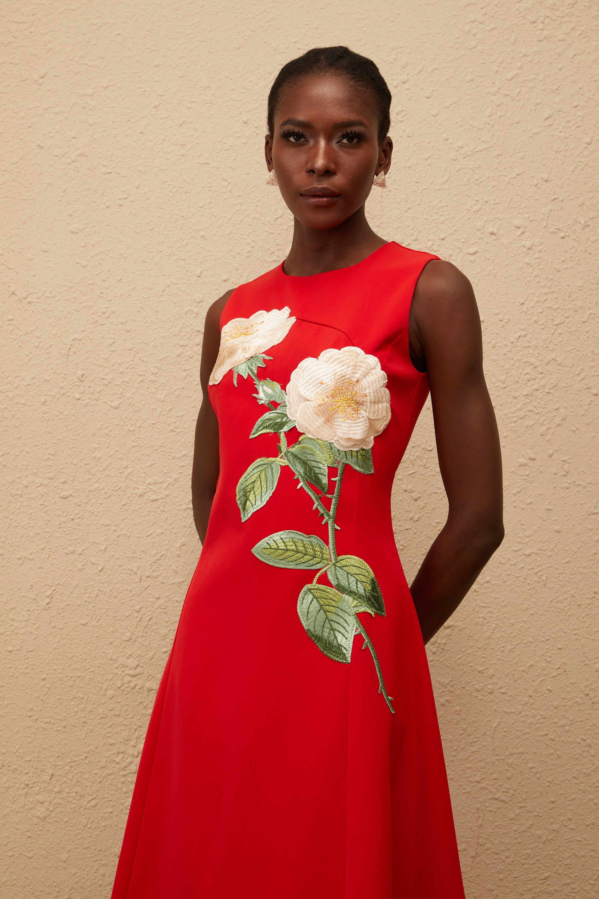 Mackenzie Red Floral Embroidered Midi Dress