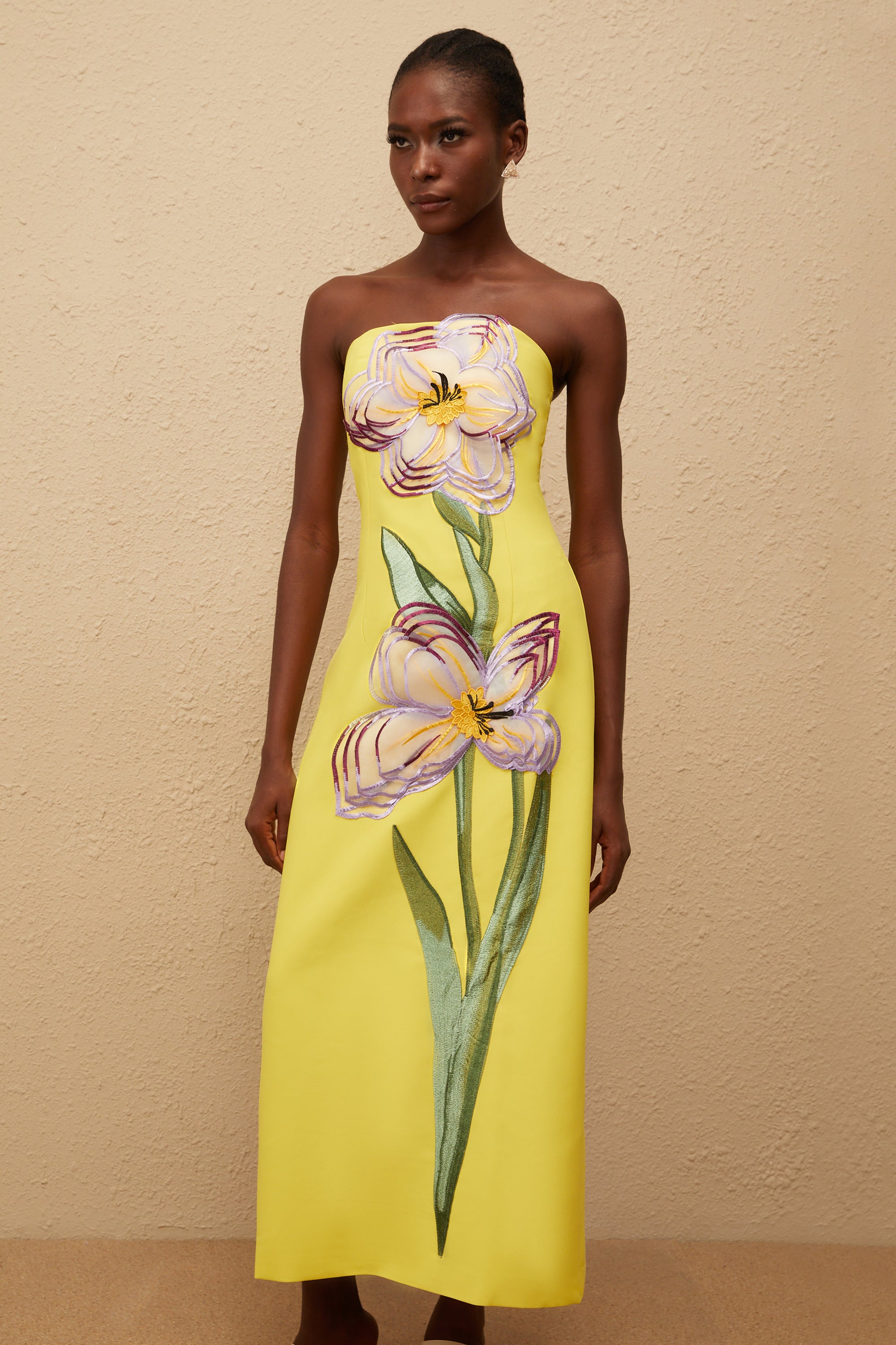 Irène Sequin Embroidered Off-Shoulder Midi Dress in Yellow