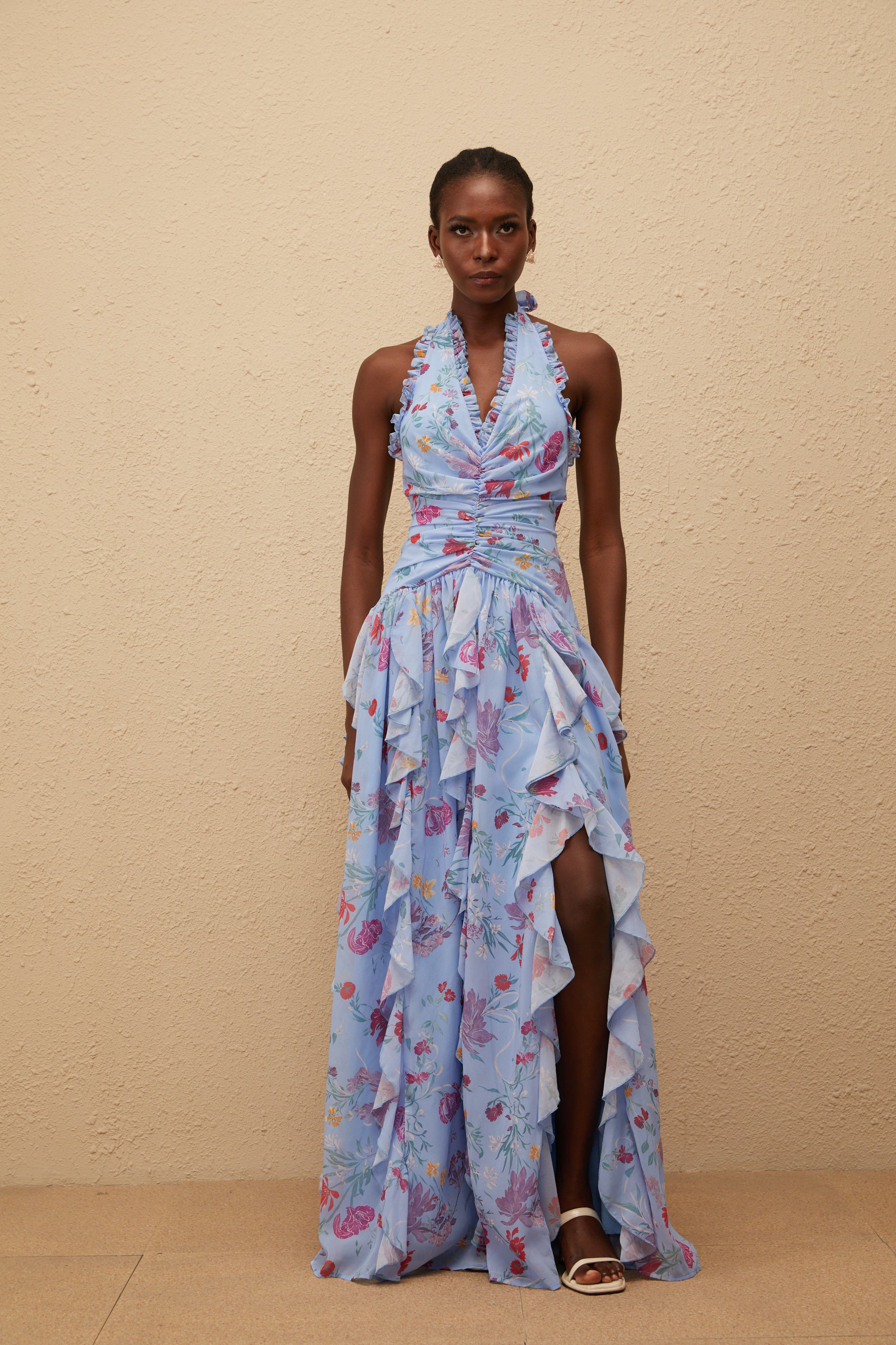 Thaïs Blue Ruffled Floral Print Maxi Dress (Final Sale-US Only)