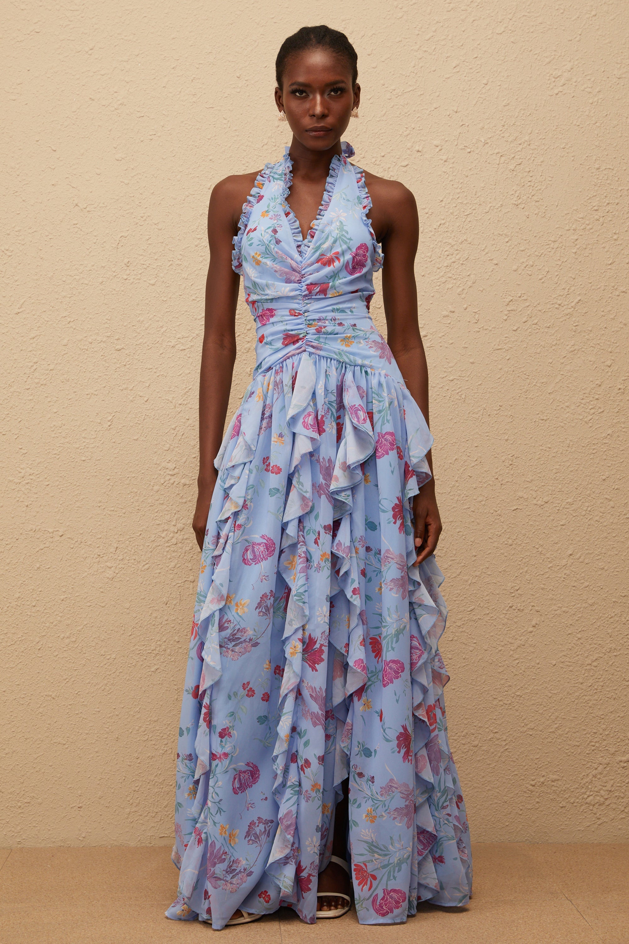 Thaïs Blue Ruffled Floral Print Maxi Dress (Final Sale-US Only)