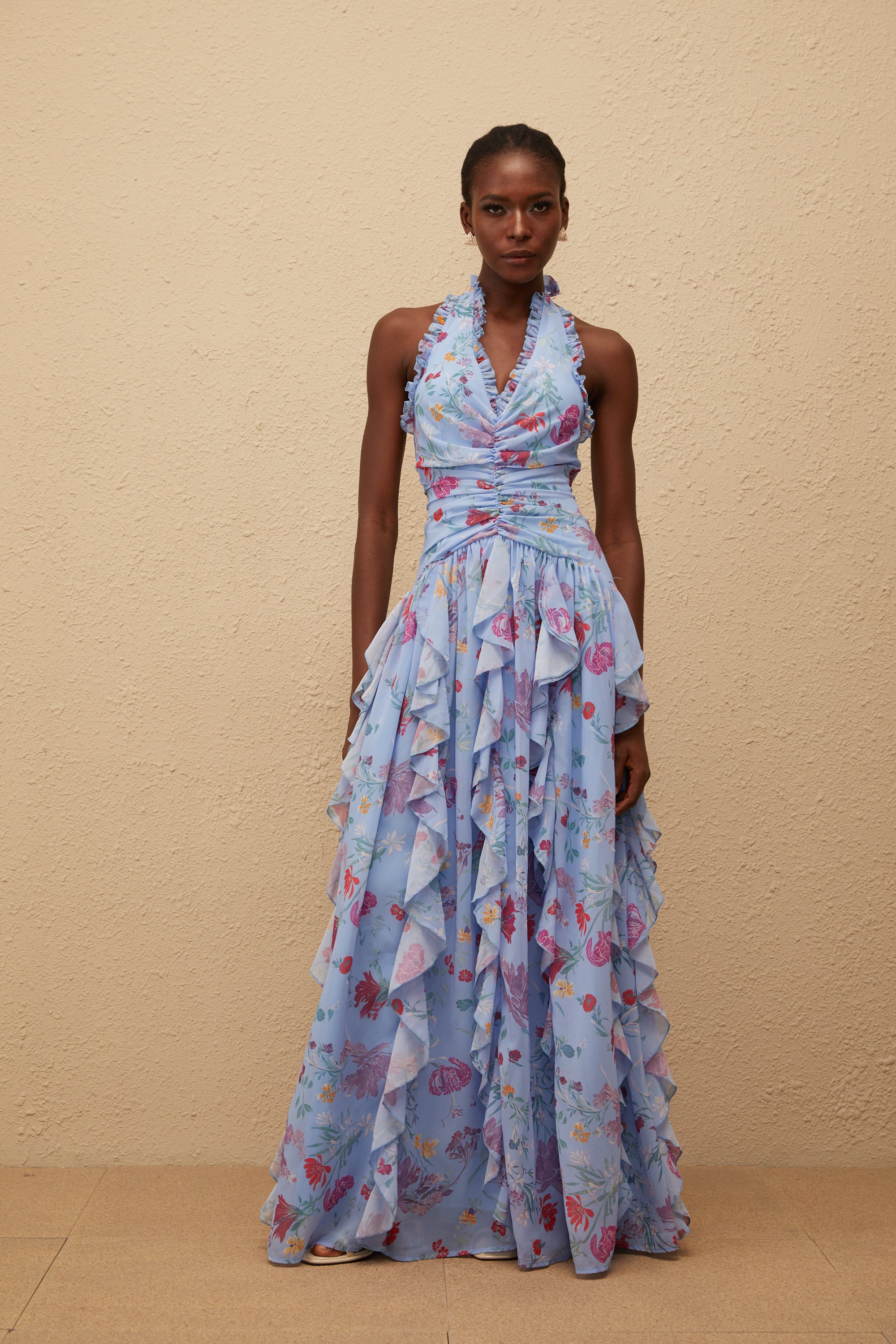 Thaïs Blue Ruffled Floral Print Maxi Dress (Final Sale-US Only)