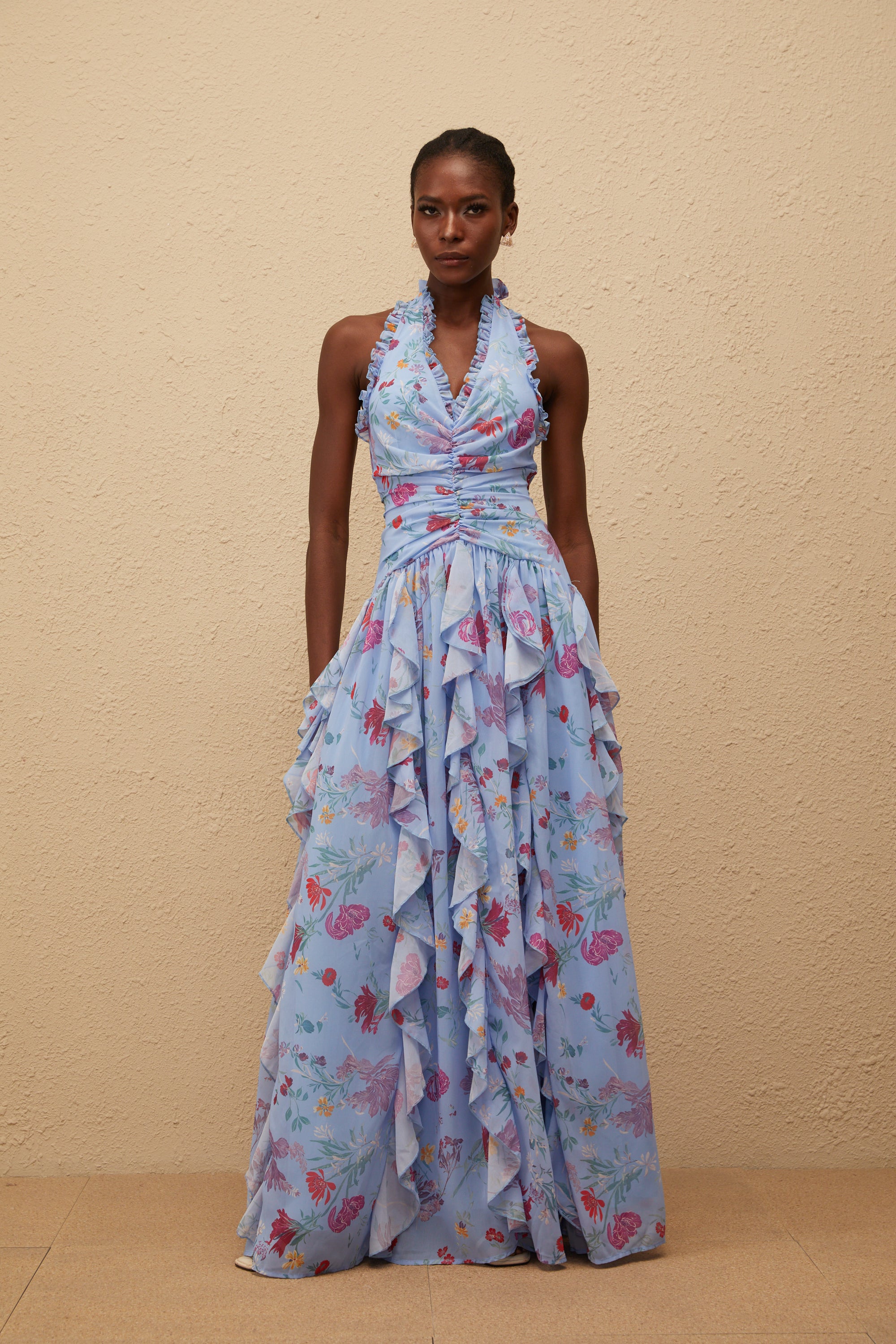 Thaïs Blue Ruffled Floral Print Maxi Dress