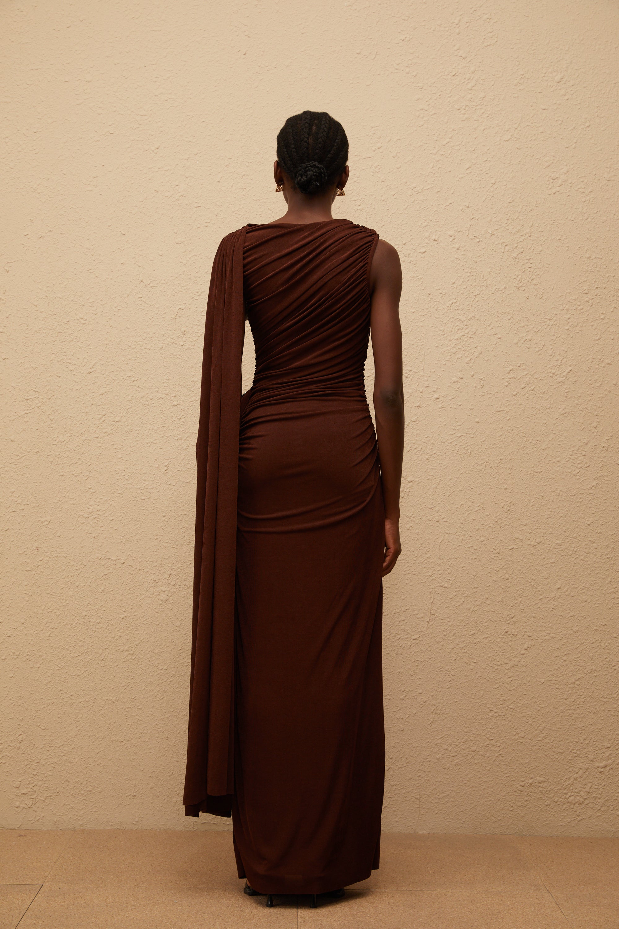 Paloma Brown Sleeveless Asymmetrical Ruched Knit Maxi Dress