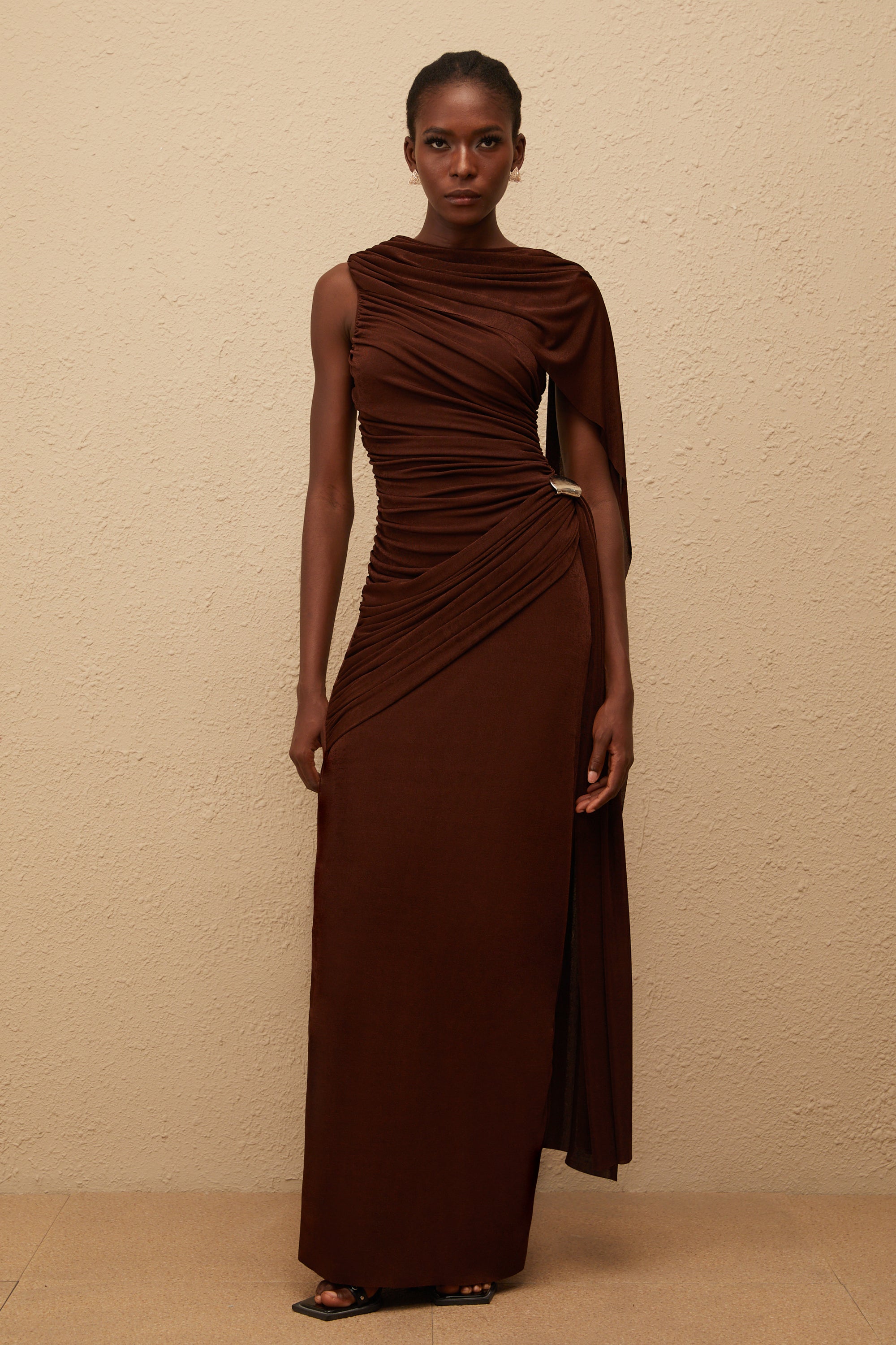 Paloma Brown Sleeveless Asymmetrical Ruched Knit Maxi Dress (Final Sale)