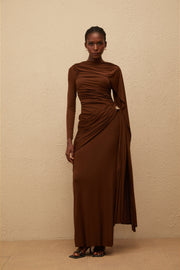 Paloma Brown Asymmetrical Ruched Knit Maxi Dress