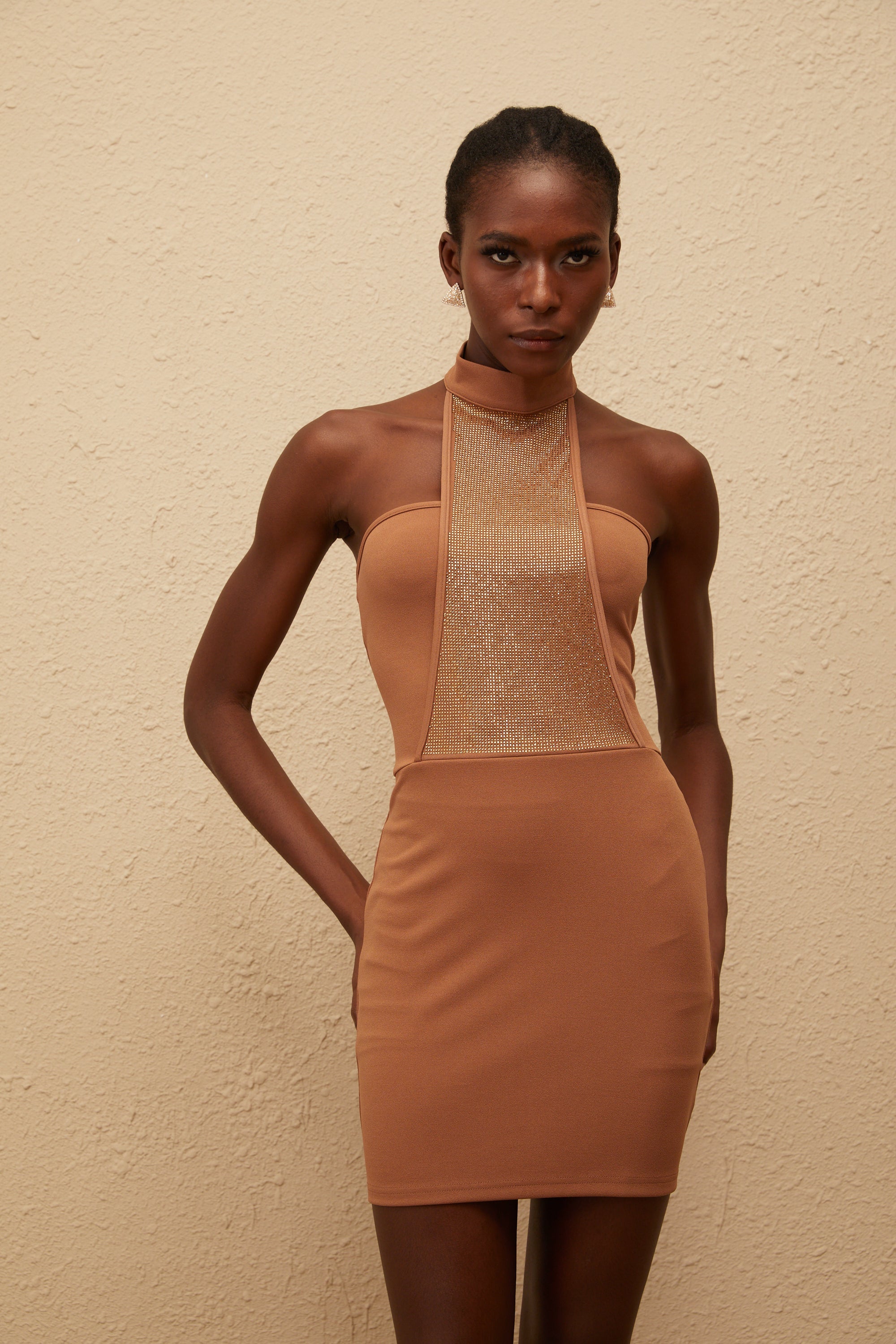 Kalliope Brown Rhinestone Bodycon Mini Dress