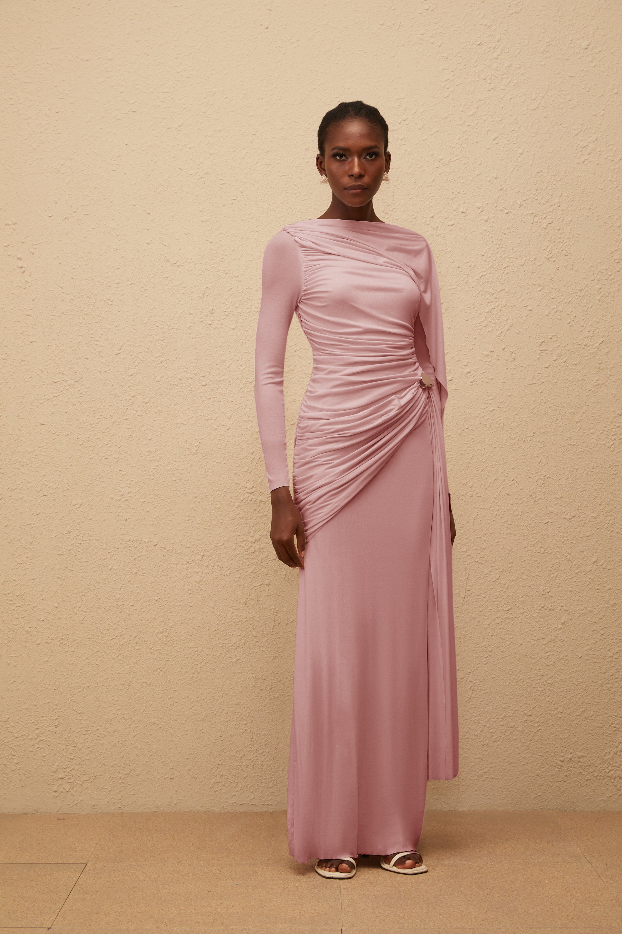 Paloma Pink Asymmetrical Ruched Knit Maxi Dress (Final Sale)