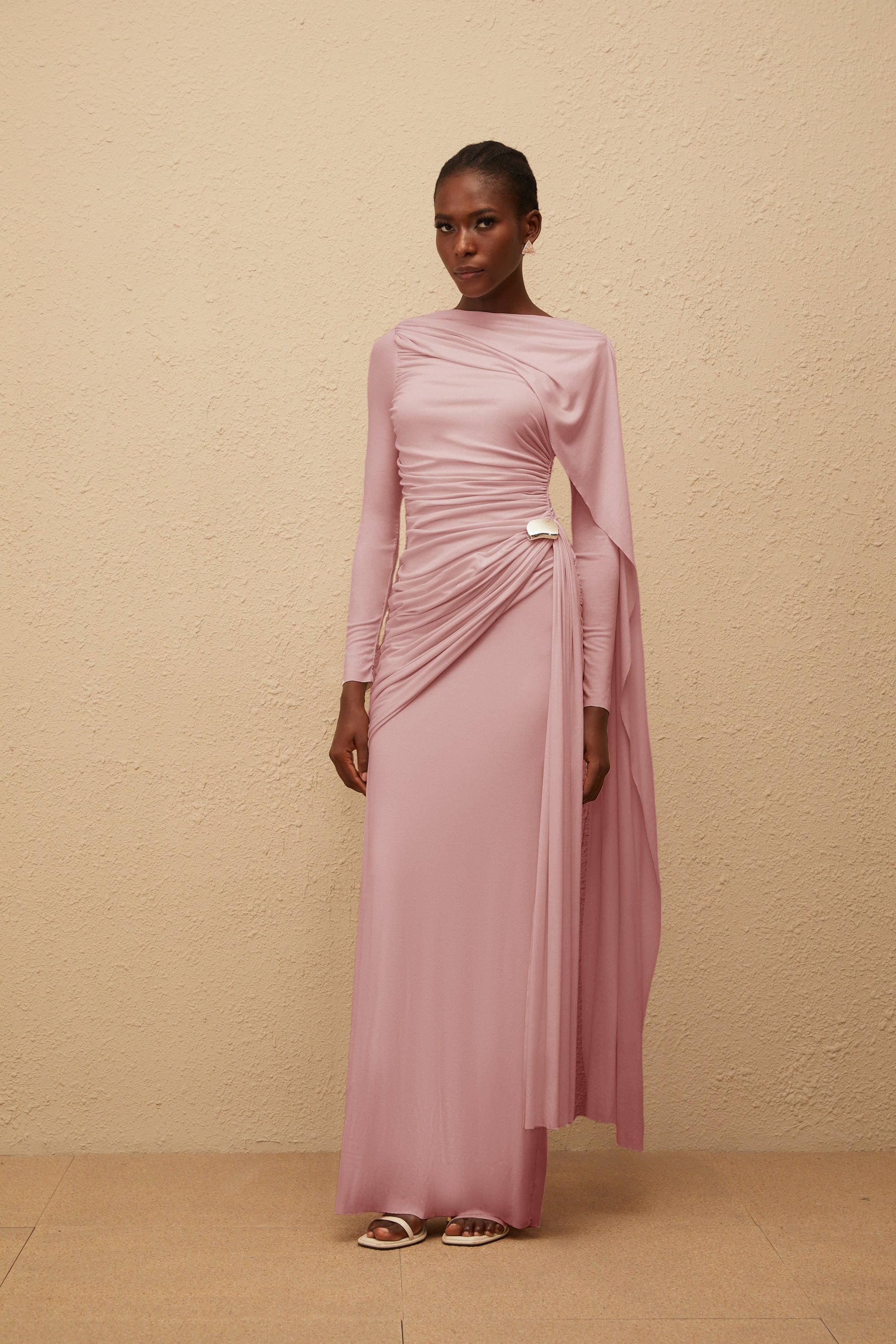 Paloma Pink Asymmetrical Ruched Knit Maxi Dress (Final Sale)