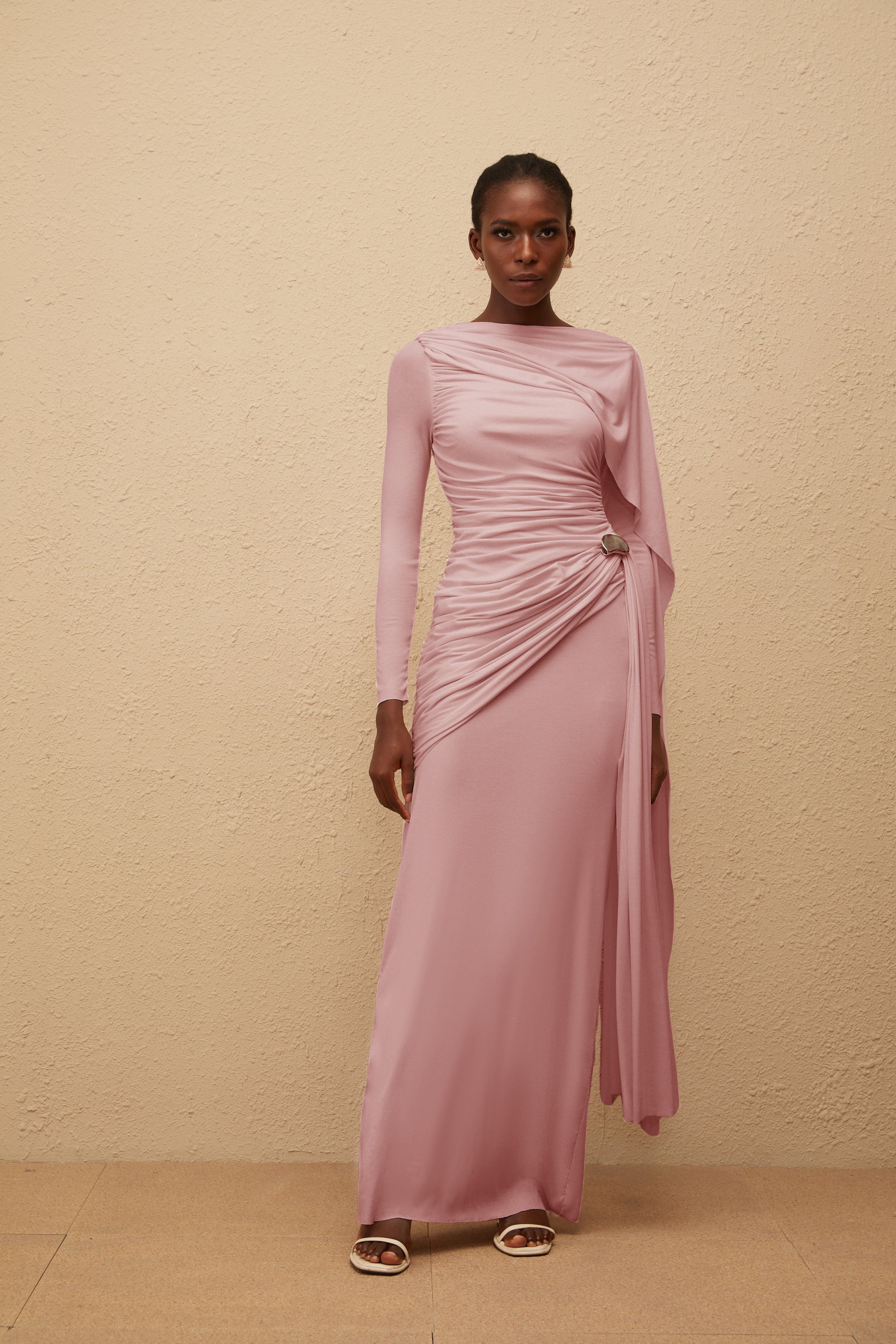 Paloma Pink Asymmetrical Ruched Knit Maxi Dress (Final Sale)
