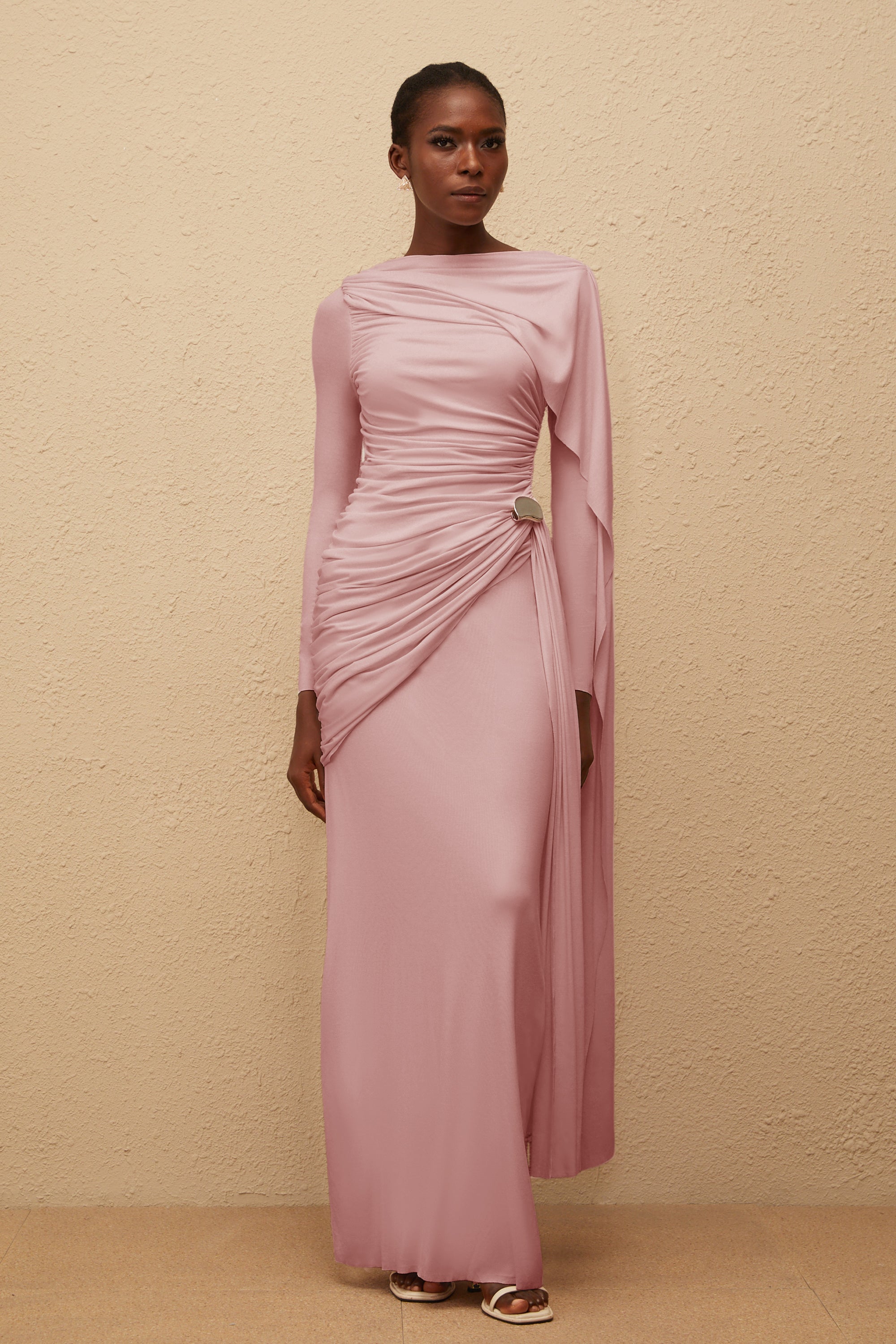 Paloma Pink Asymmetrical Ruched Knit Maxi Dress (Final Sale)