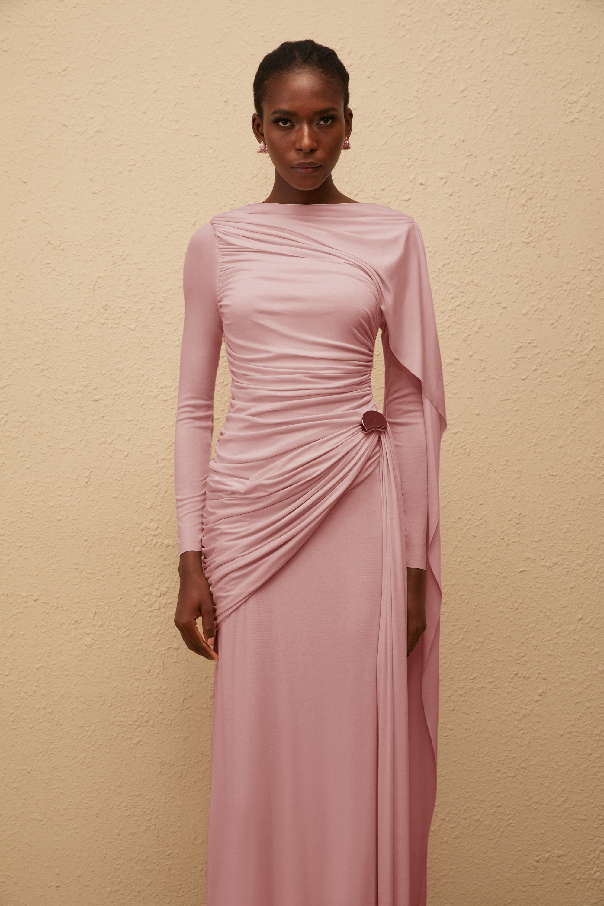 Paloma Pink Asymmetrical Ruched Knit Maxi Dress (Final Sale)