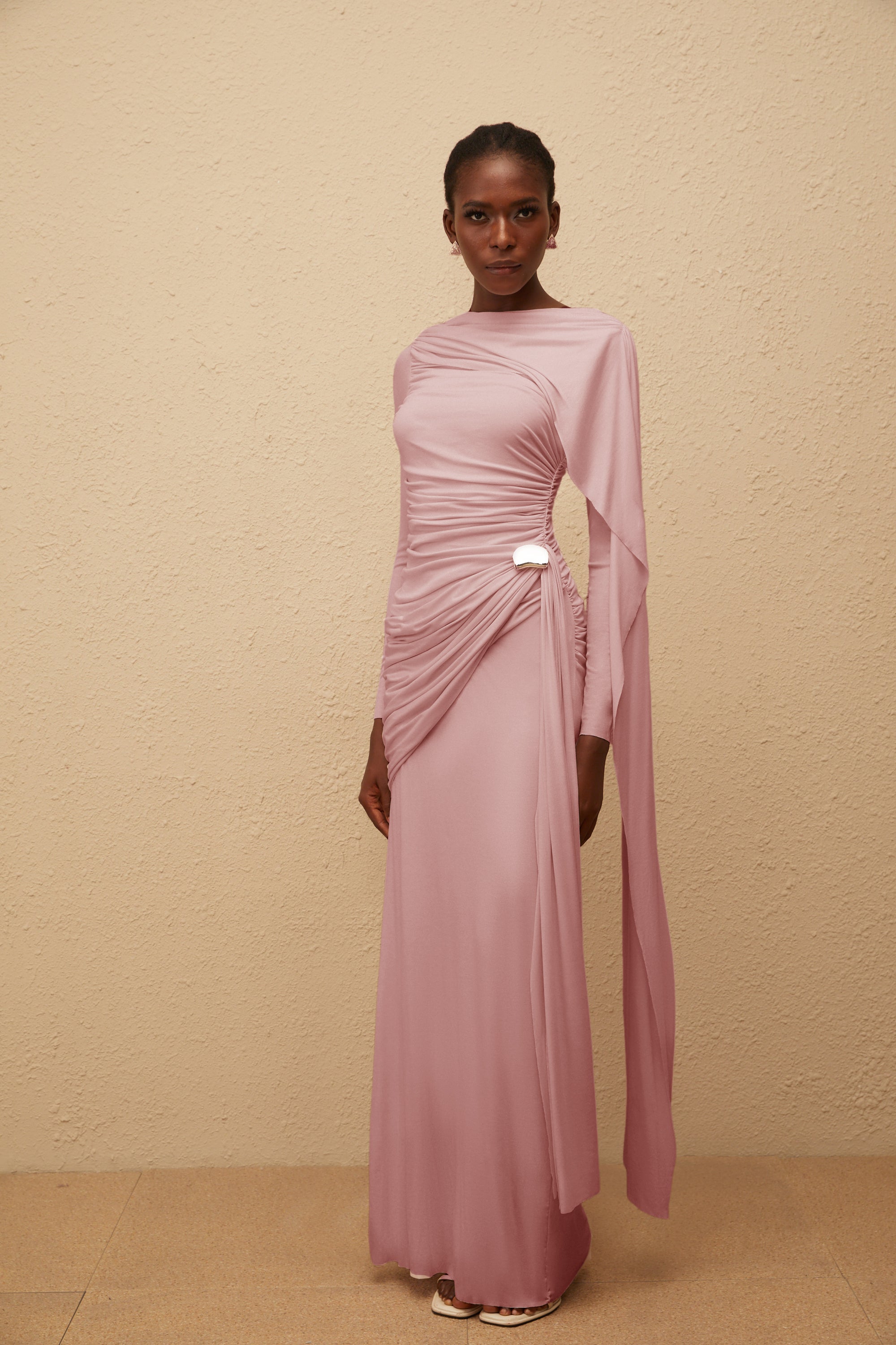 Paloma Pink Asymmetrical Ruched Knit Maxi Dress (Final Sale)