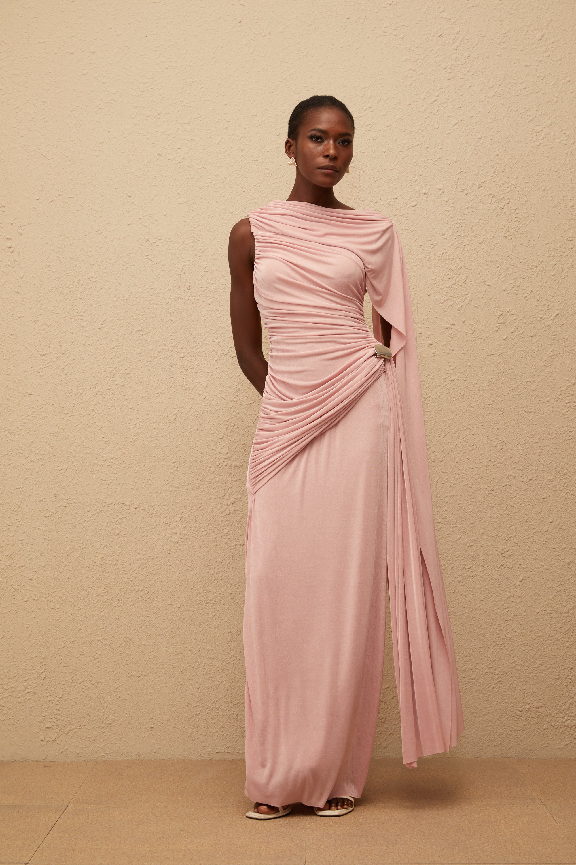 Paloma Pink Sleeveless Asymmetrical Ruched Knit Maxi Dress