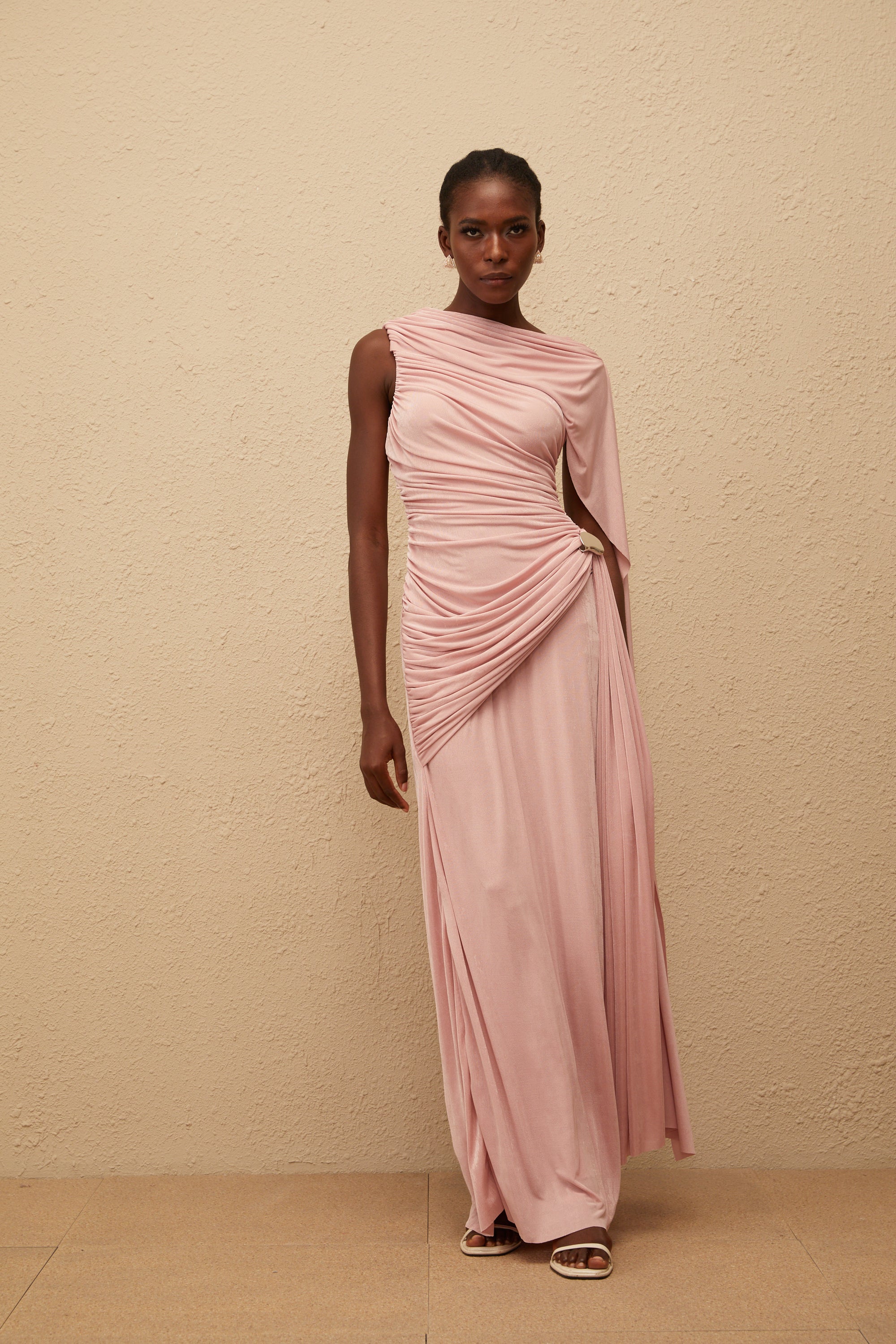 Paloma Pink Sleeveless Asymmetrical Ruched Knit Maxi Dress