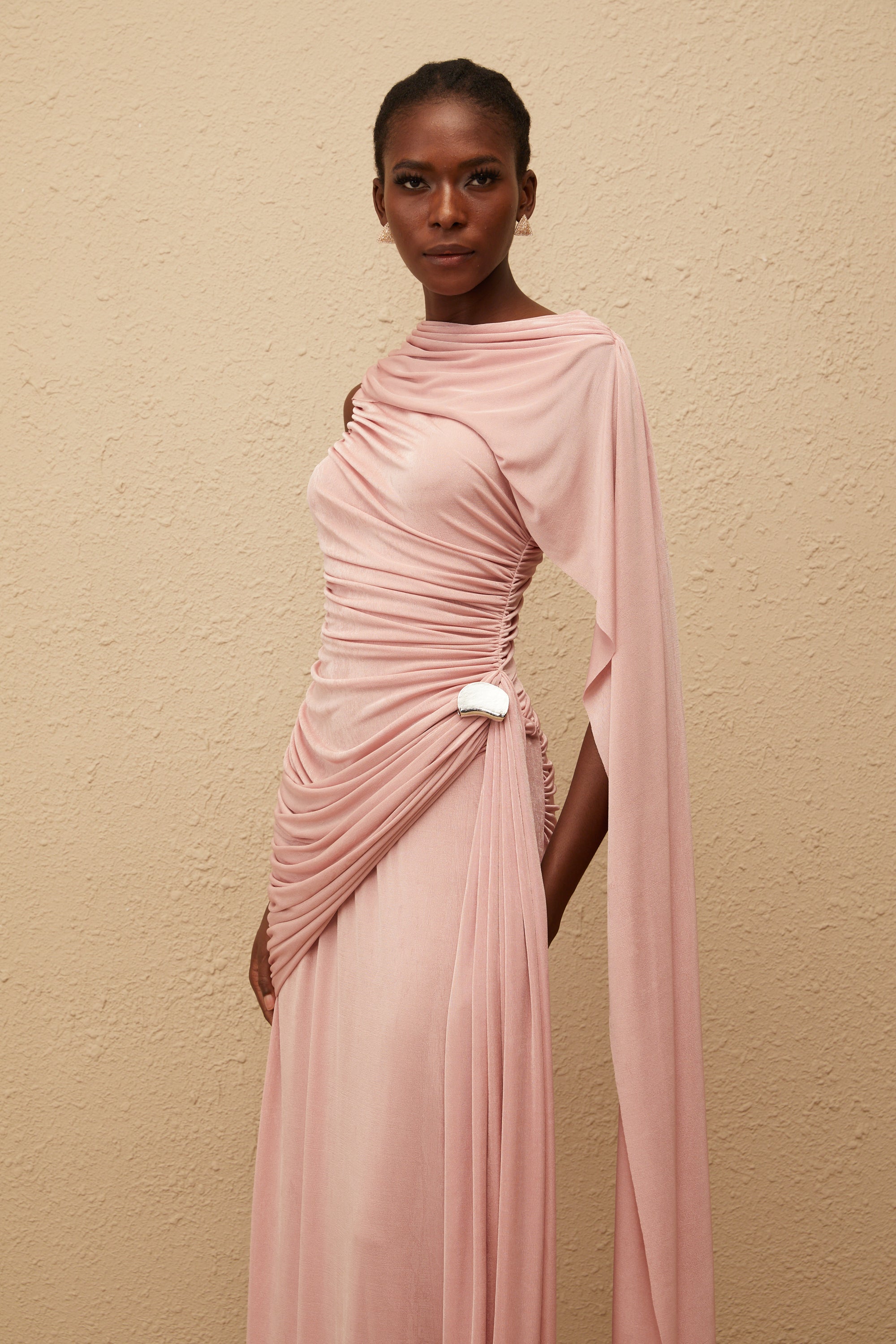 Paloma Pink Sleeveless Asymmetrical Ruched Knit Maxi Dress