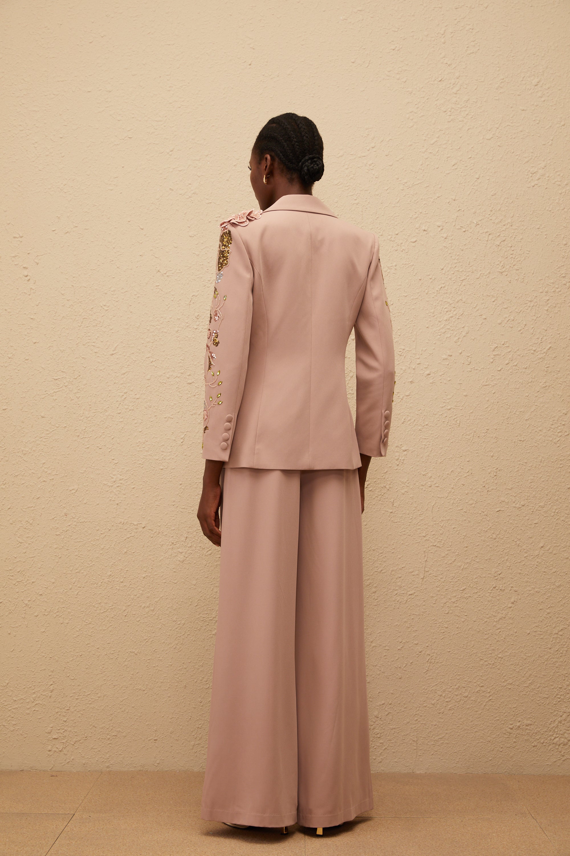 Morgane Dusty Pink Sequined Floral Blazer & Trousers Set