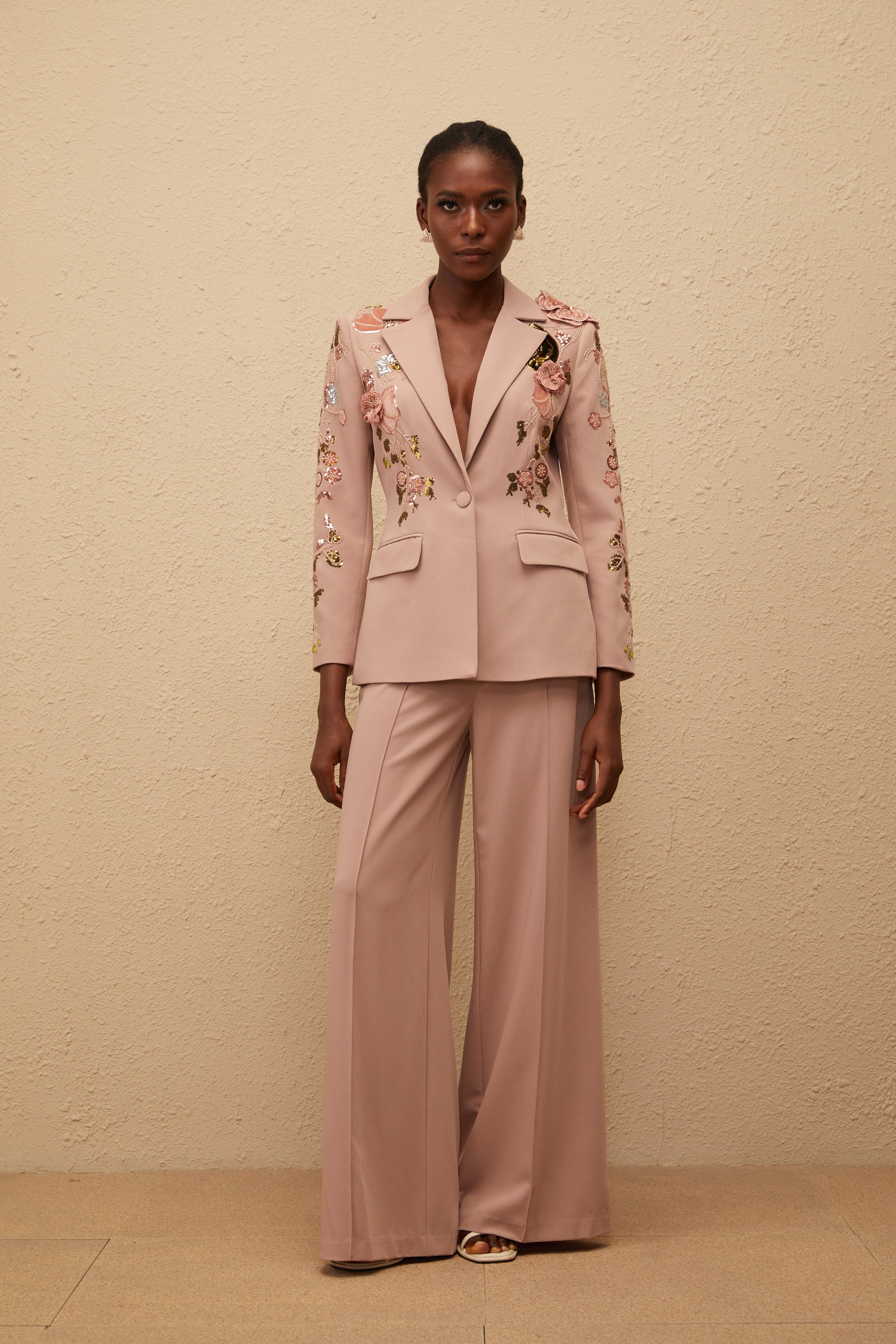 Morgane Dusty Pink Sequined Floral Blazer & Trousers Set