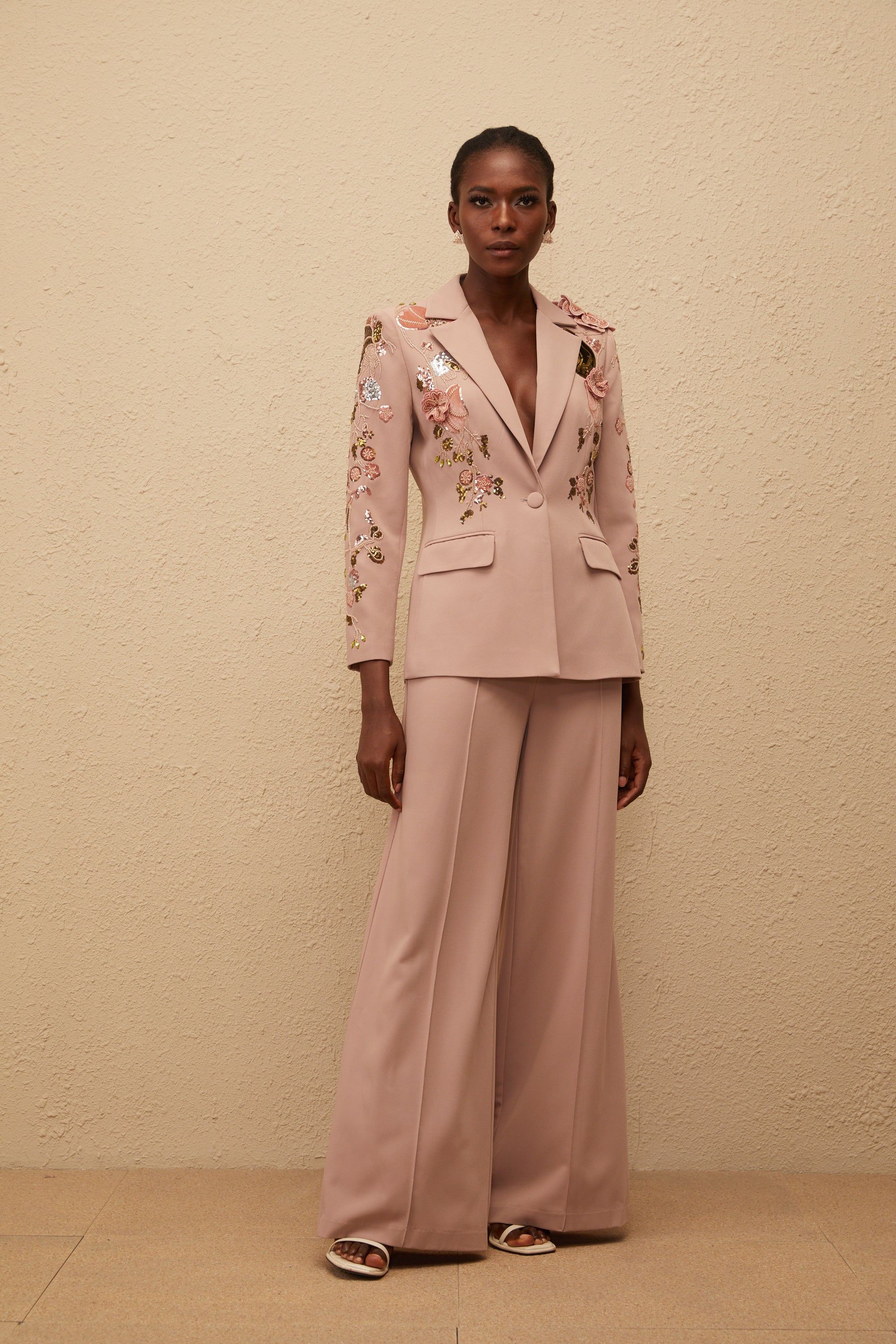 Morgane Dusty Pink Sequined Floral Blazer & Trousers Set