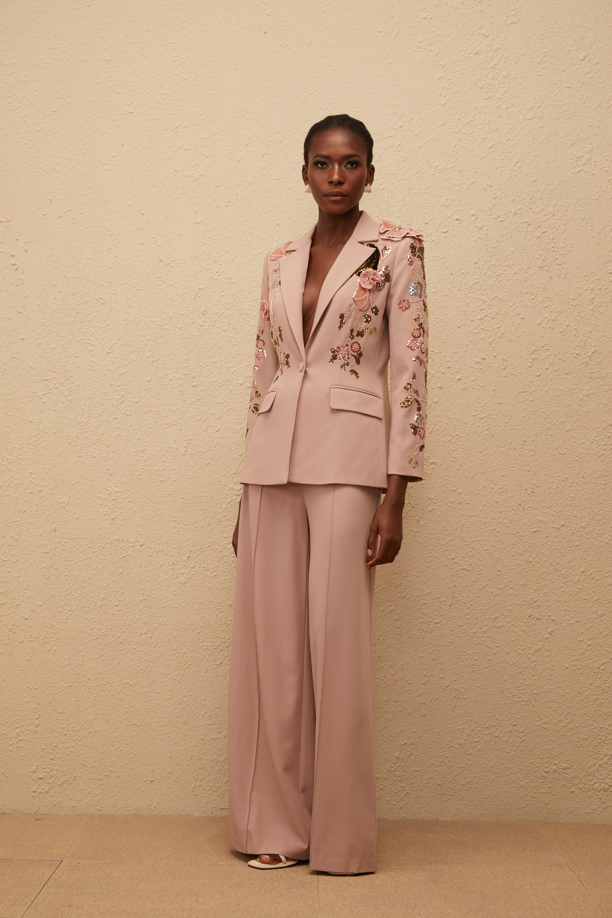 Morgane Dusty Pink Sequined Floral Blazer & Trousers Set
