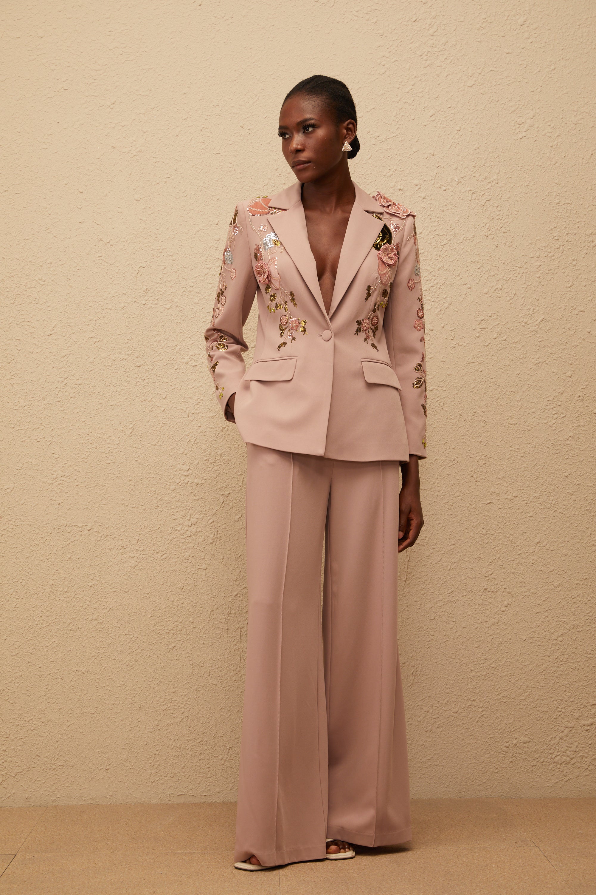 Morgane Dusty Pink Sequined Floral Blazer & Trousers Set