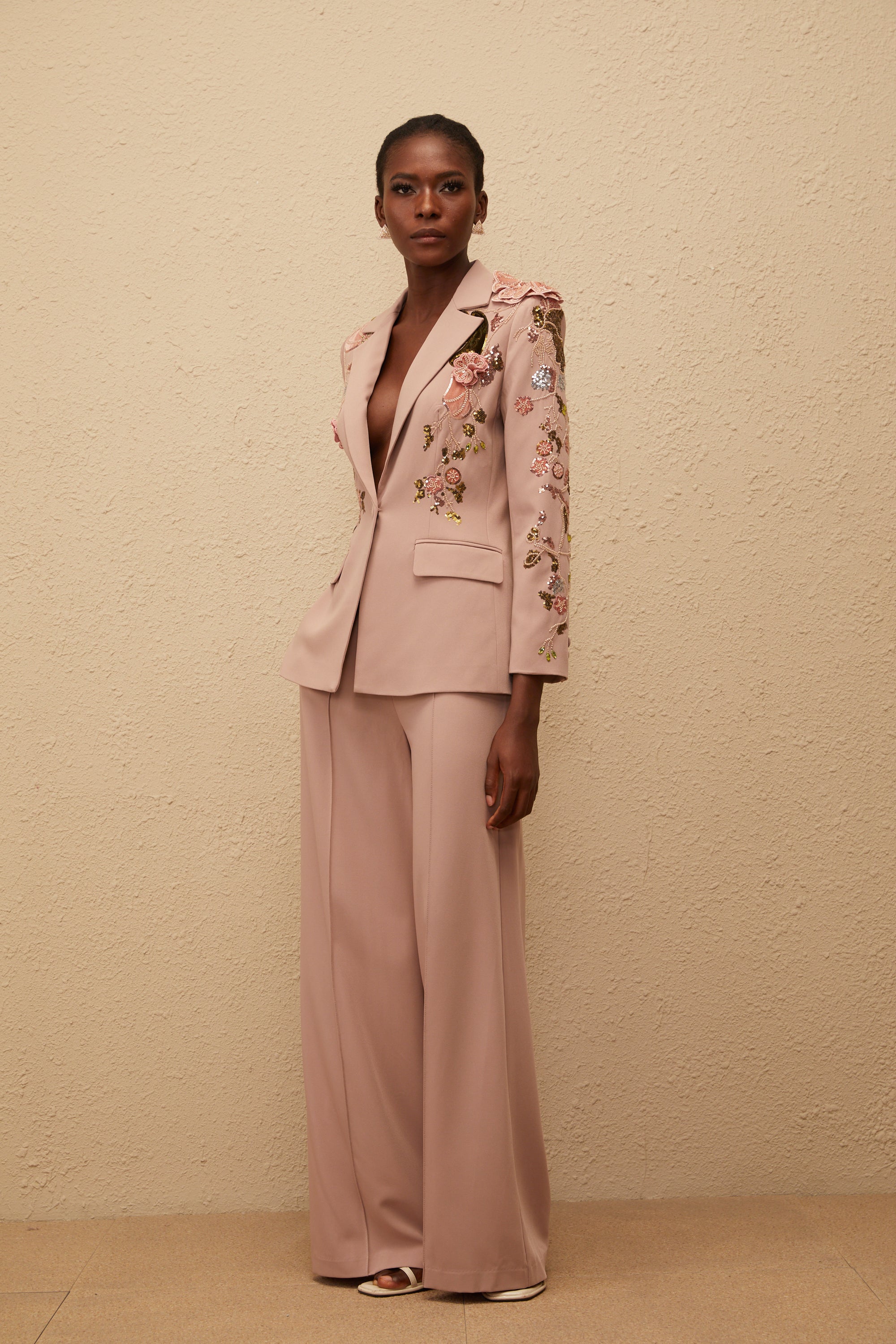 Morgane Dusty Pink Sequined Floral Blazer & Trousers Set