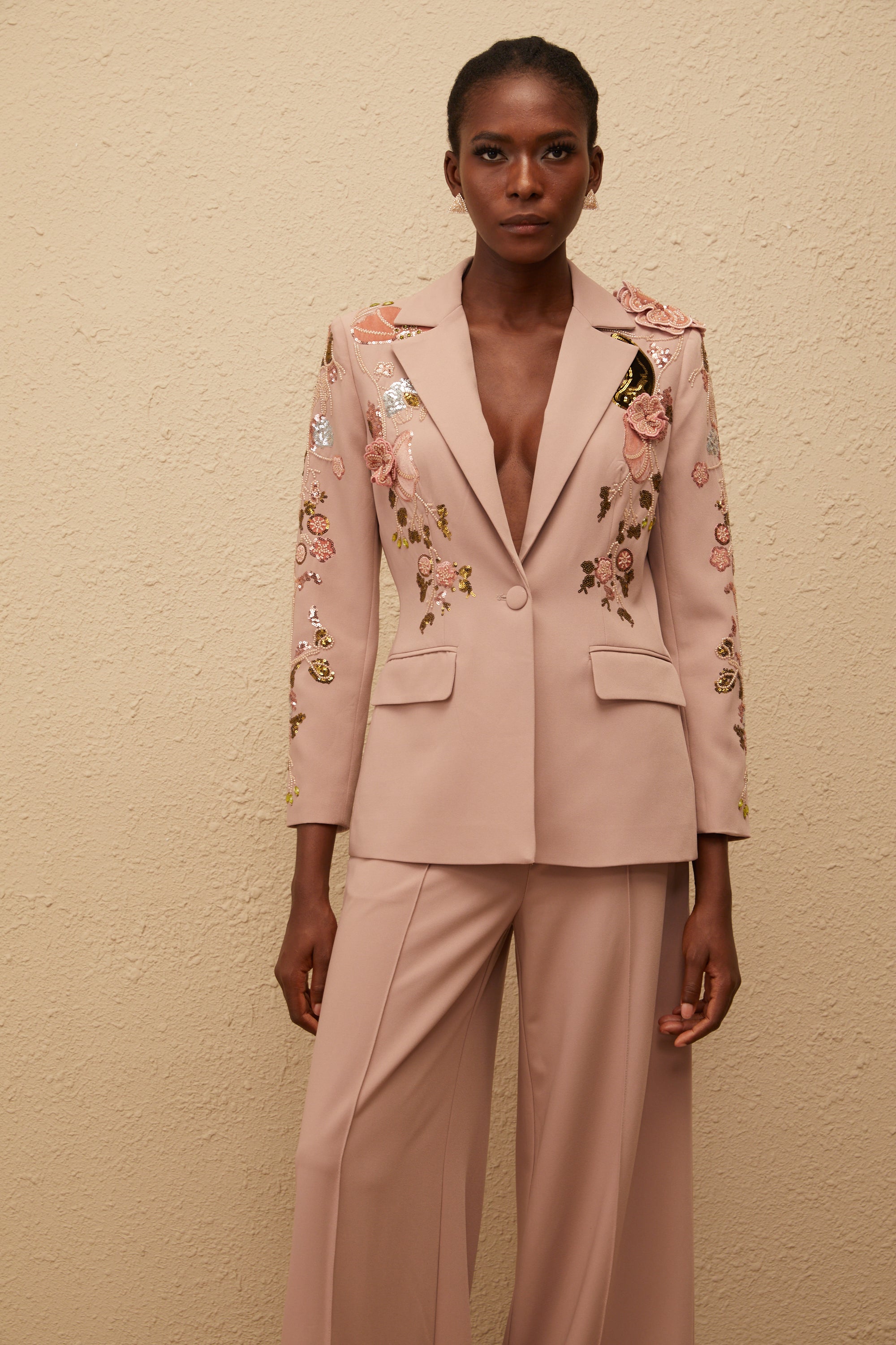 Morgane Dusty Pink Sequined Floral Blazer & Trousers Set