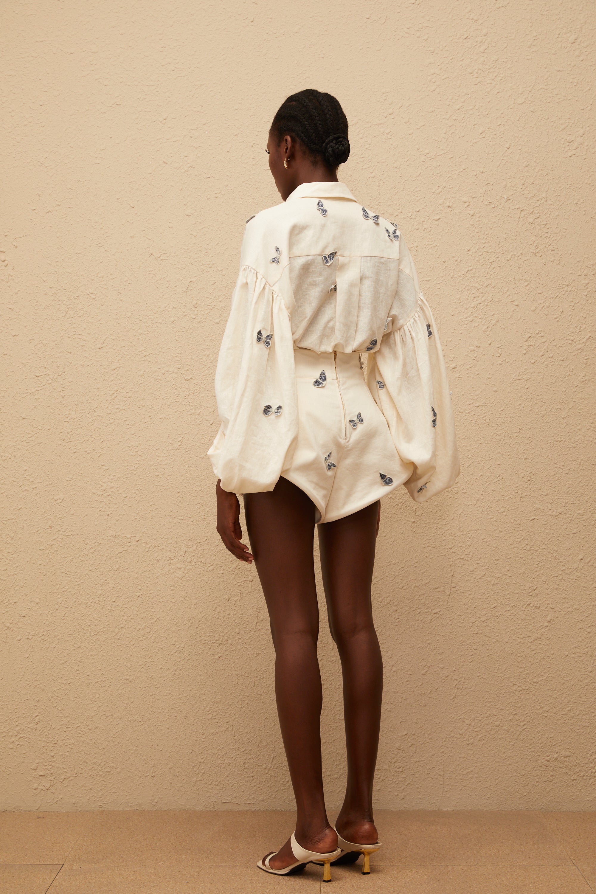Ophélie White Butterfly Embroidered Shirt & Shorts Set