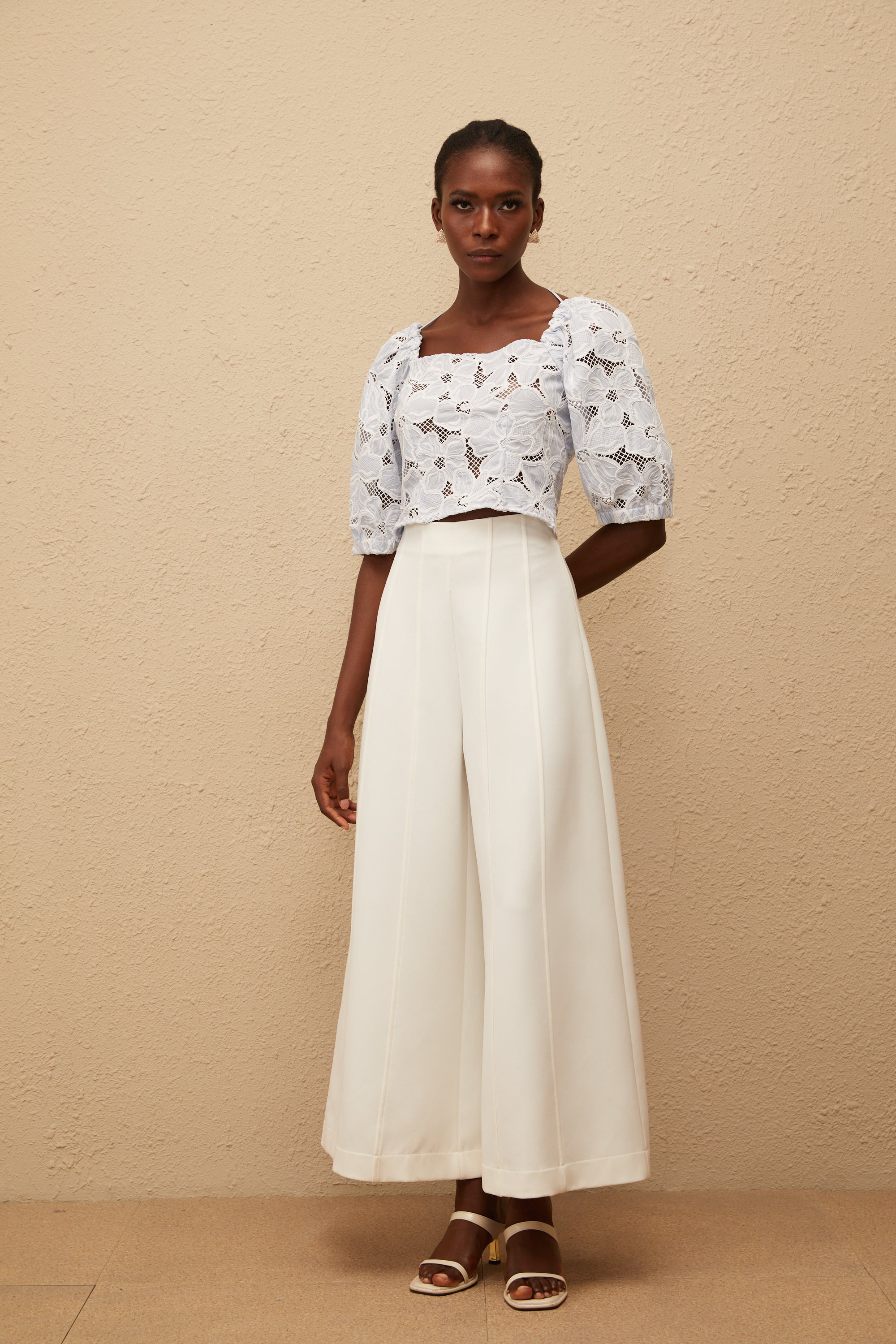 Kirsti Blue Crochet Floral Jacquard Crop Top