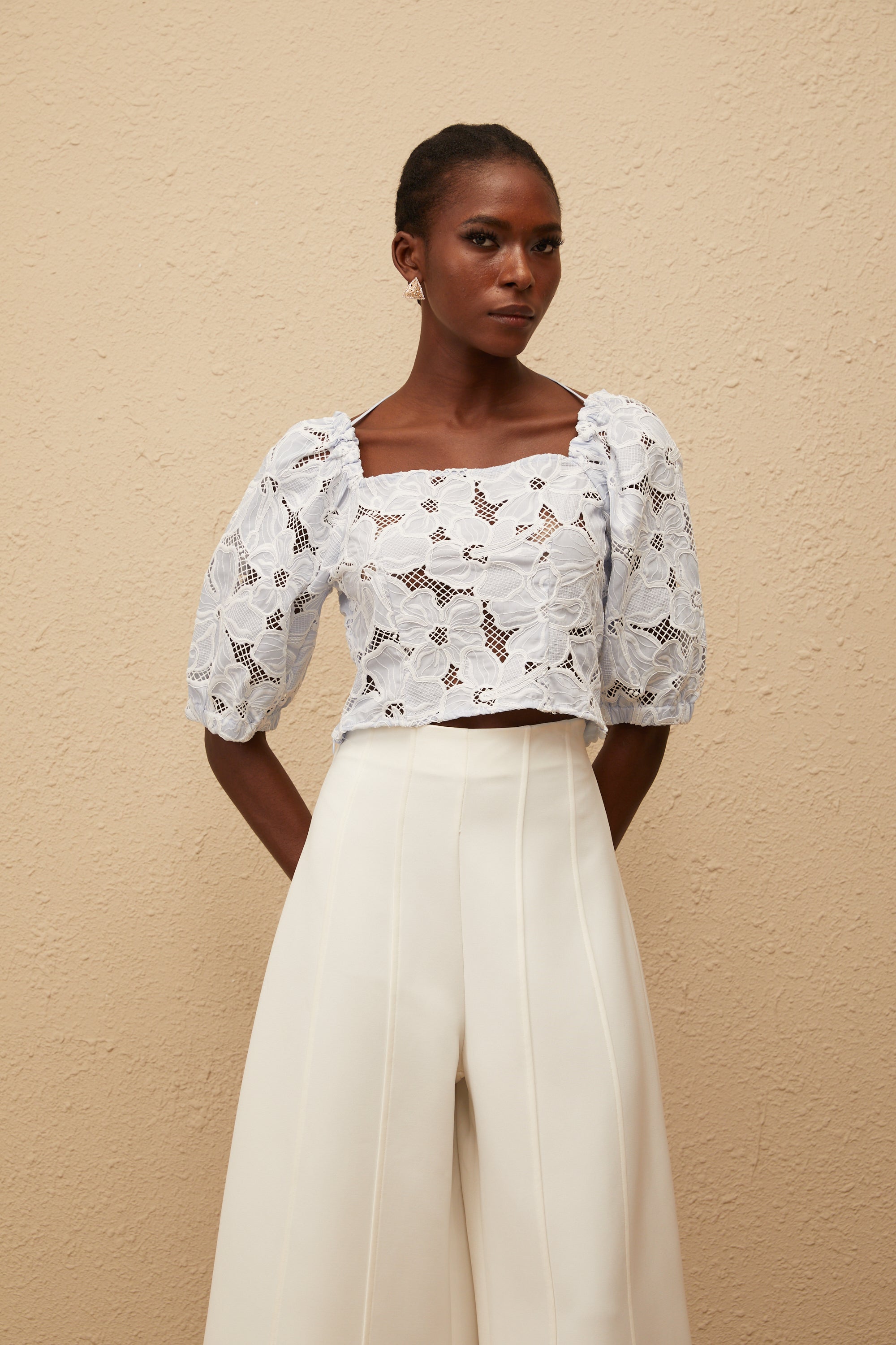 Kirsti Blue Crochet Floral Jacquard Crop Top