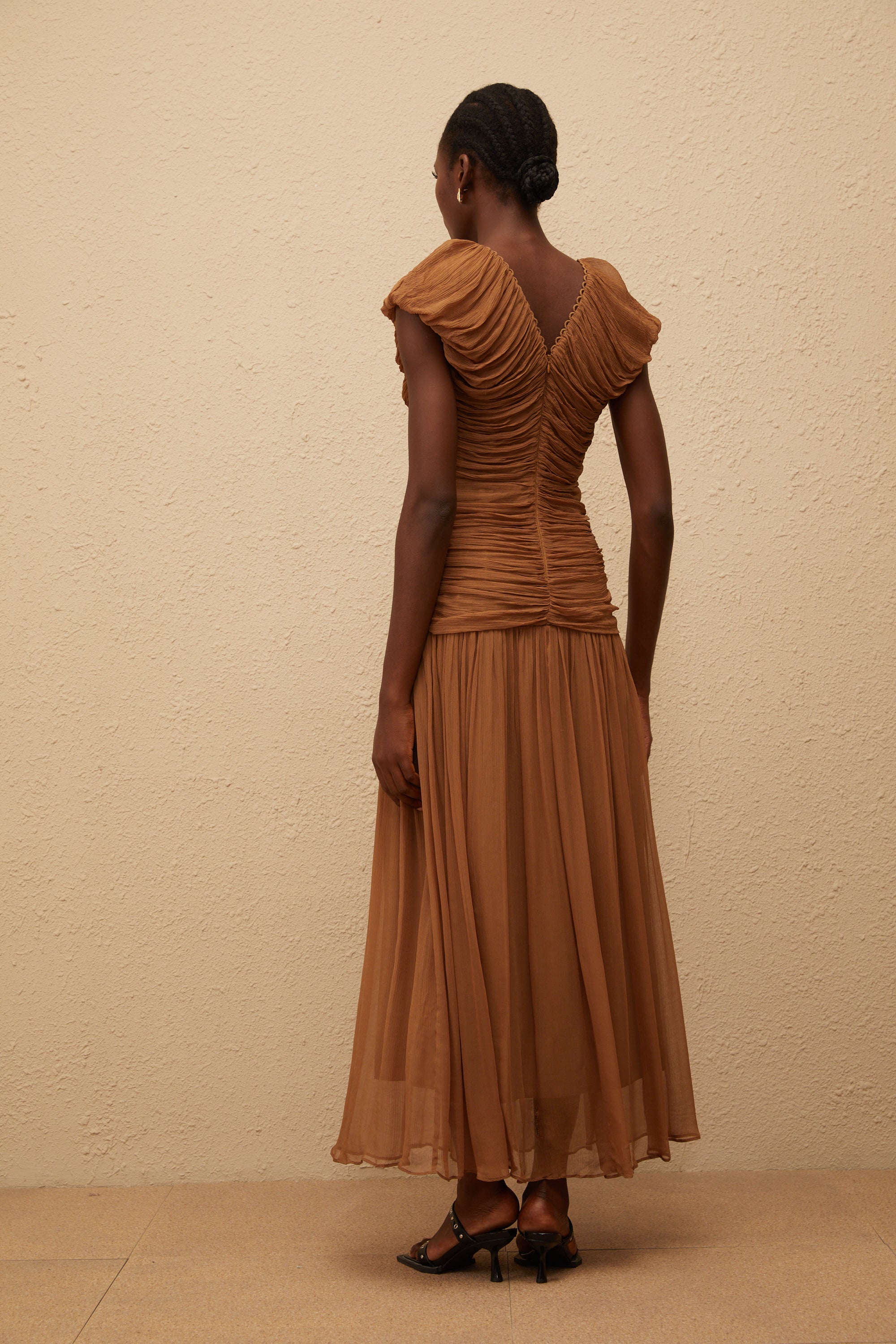 Vérane Brown Ruched Chiffon Maxi Dress