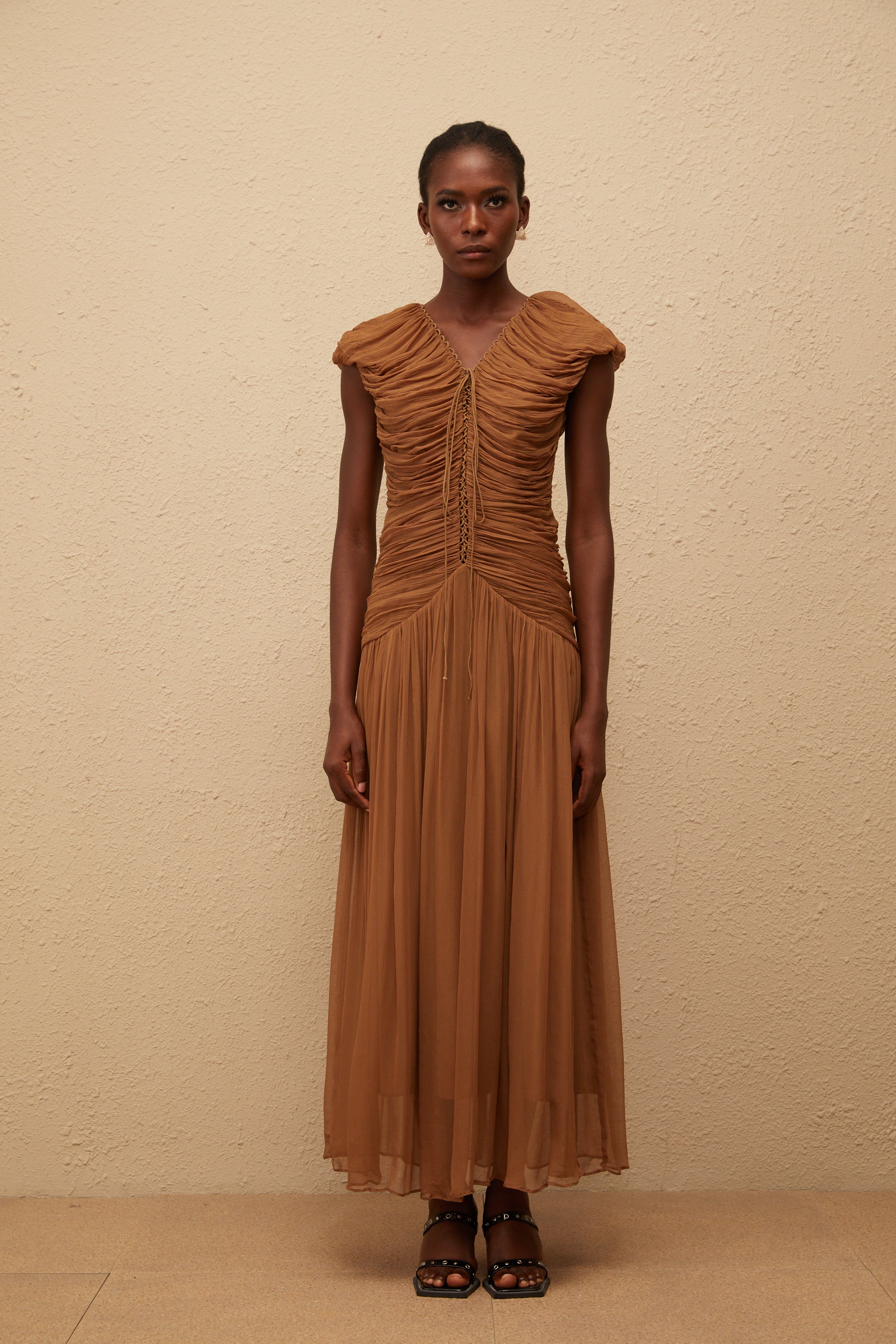 Vérane Brown Ruched Chiffon Maxi Dress
