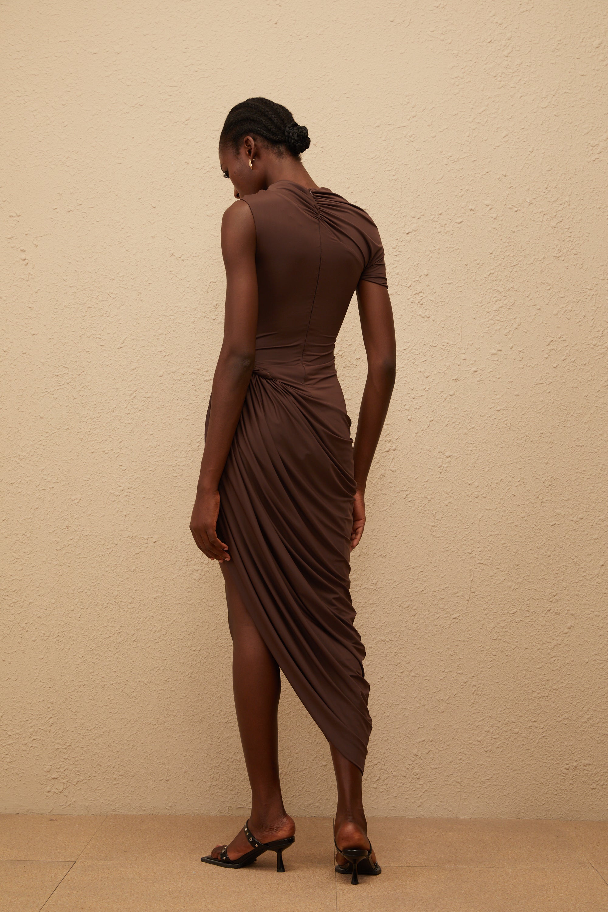 Prune Brown Night Out Asymmetrical Ruched Midi Dress