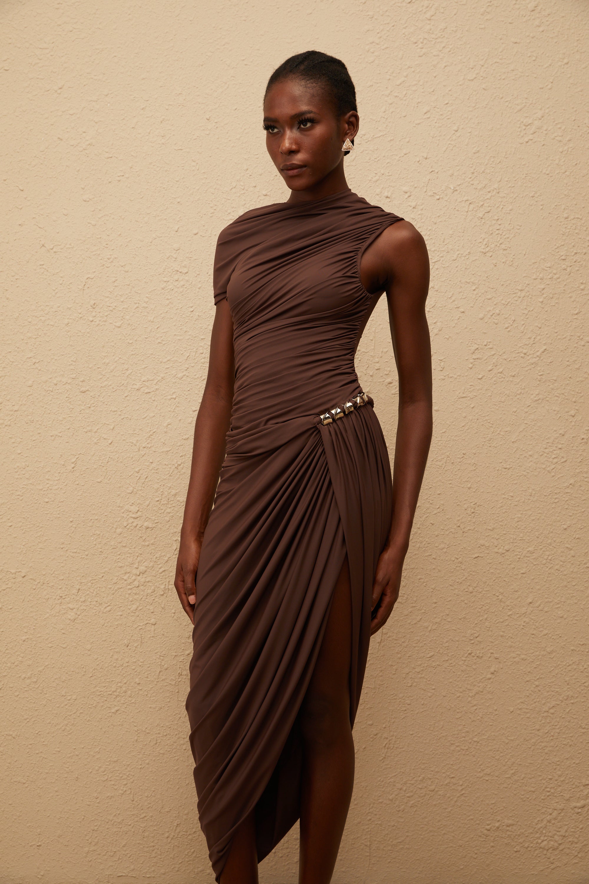 Prune Brown Night Out Asymmetrical Ruched Midi Dress (Final Sale-US Only)