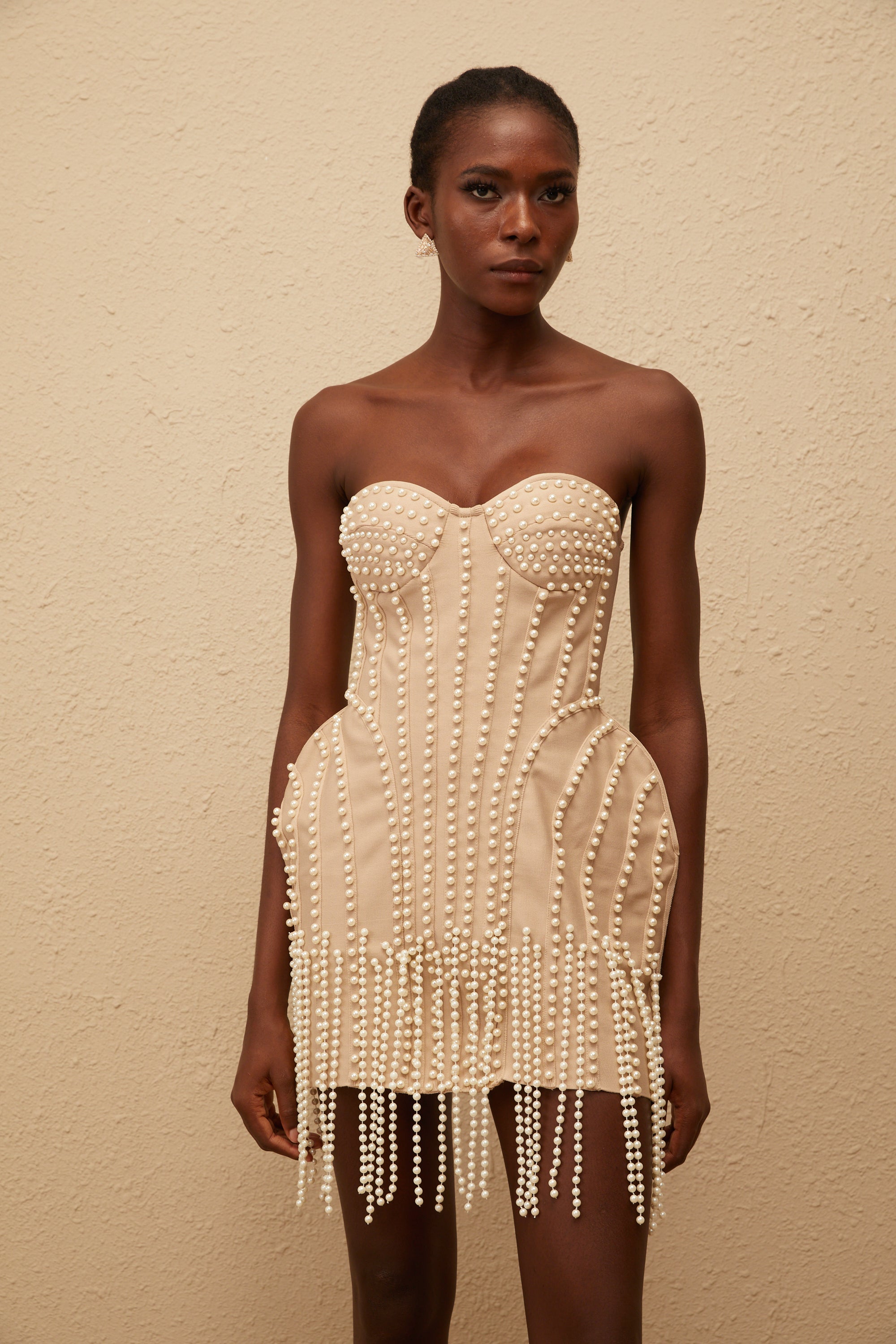 Delilah Neutral Faux Pearl Fringed Mini Dress