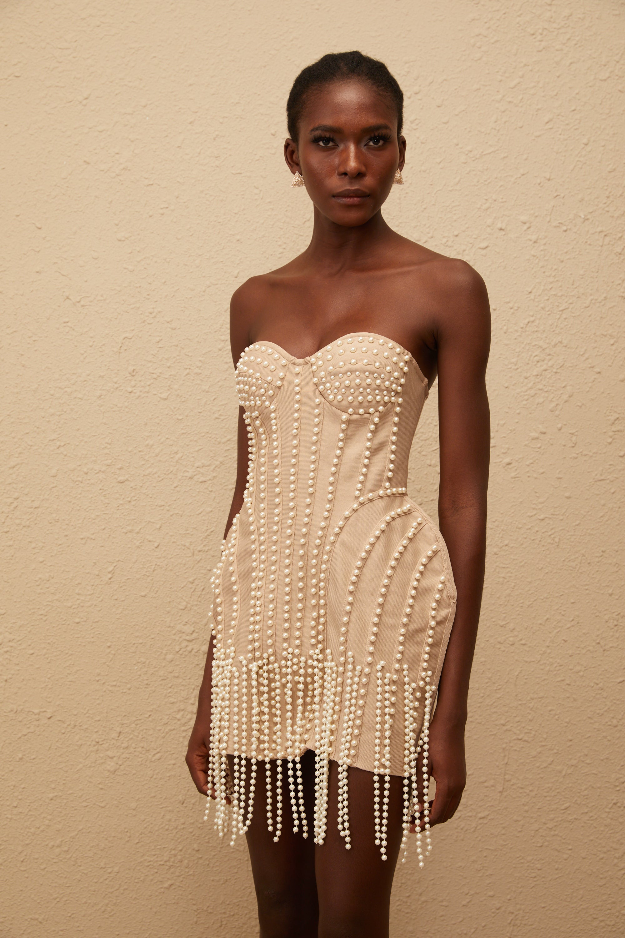 Delilah Neutral Faux Pearl Fringed Mini Dress