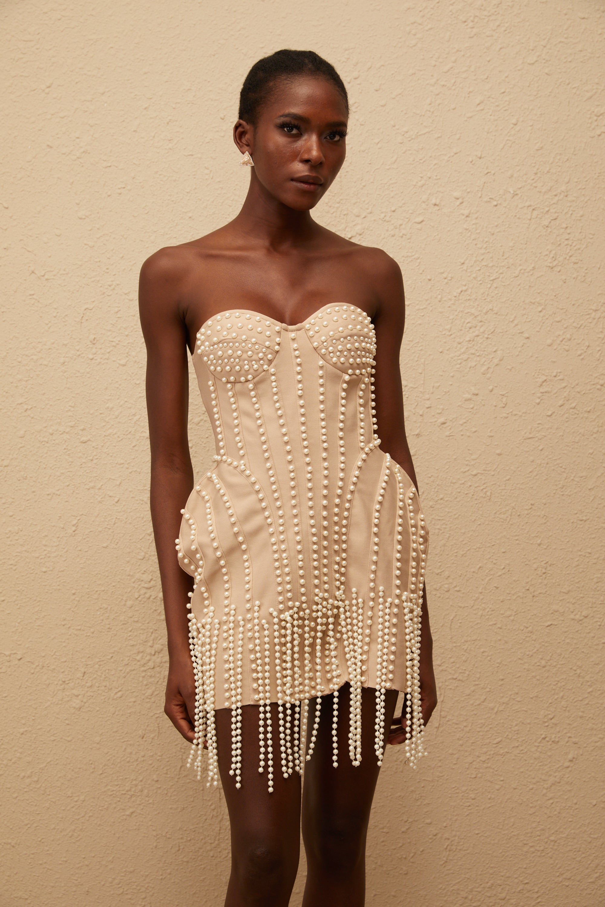 Delilah Neutral Faux Pearl Fringed Mini Dress